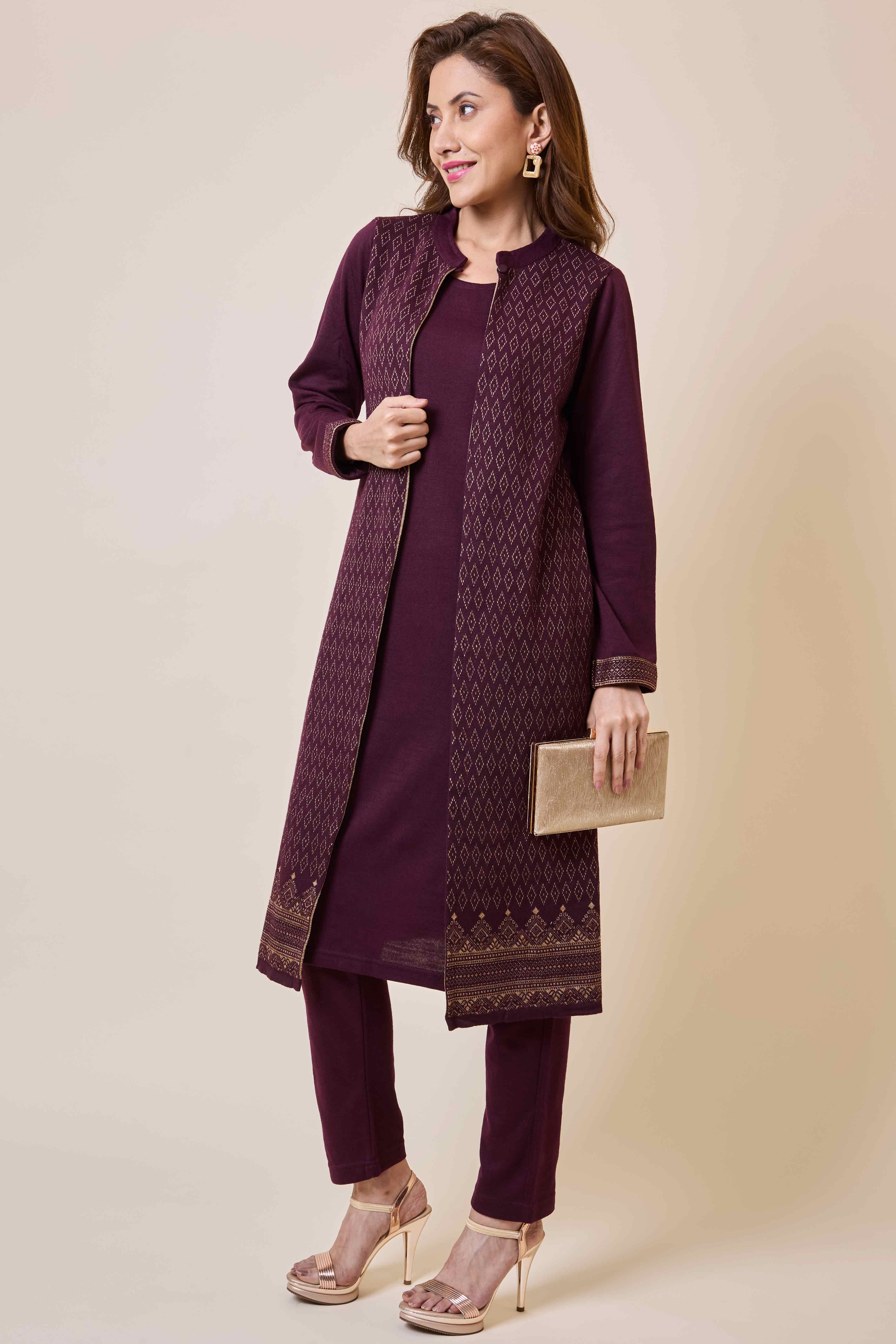 Peachmode Dark Mauve Floral Woolen Top Bottom Set