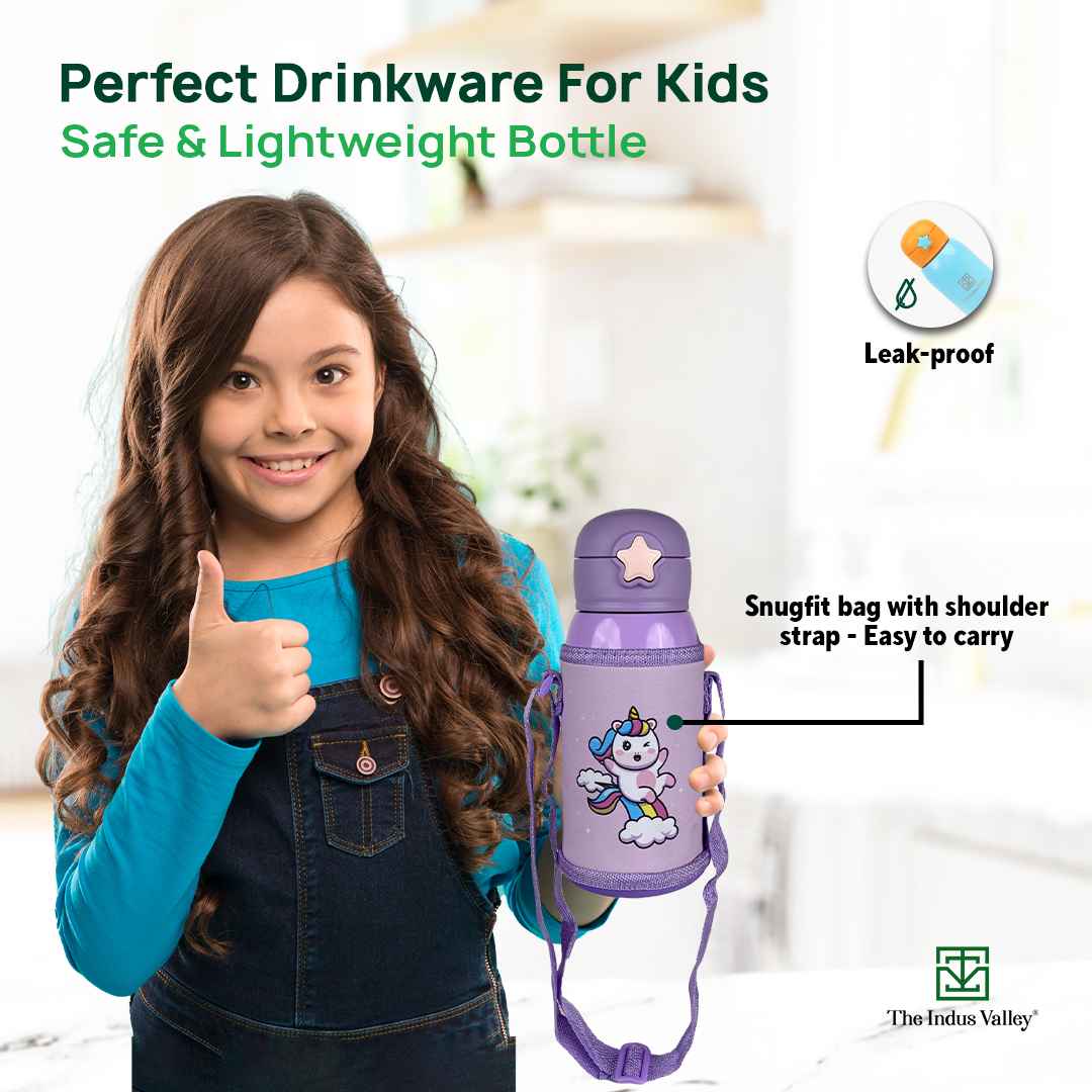 The Indus Valley Premium Stainless Steel Vacuum Insulated School Kid Water Bottle, Silicone Sippy & Bag,Leakproof Lid - view 7