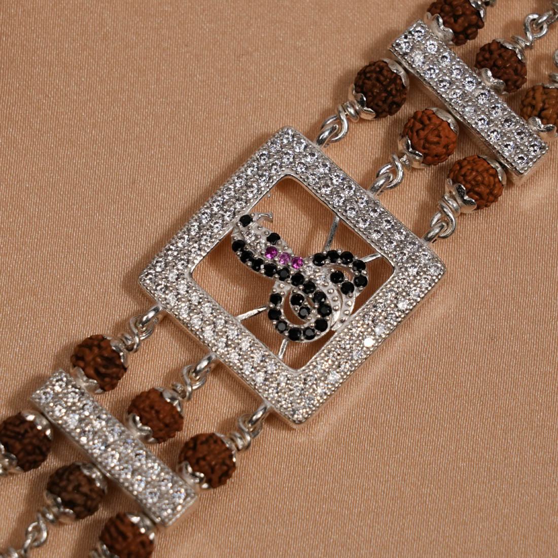 Prinjal Jewellers Rudraksha Silver Daimond Goga Tripel Line Bracelet