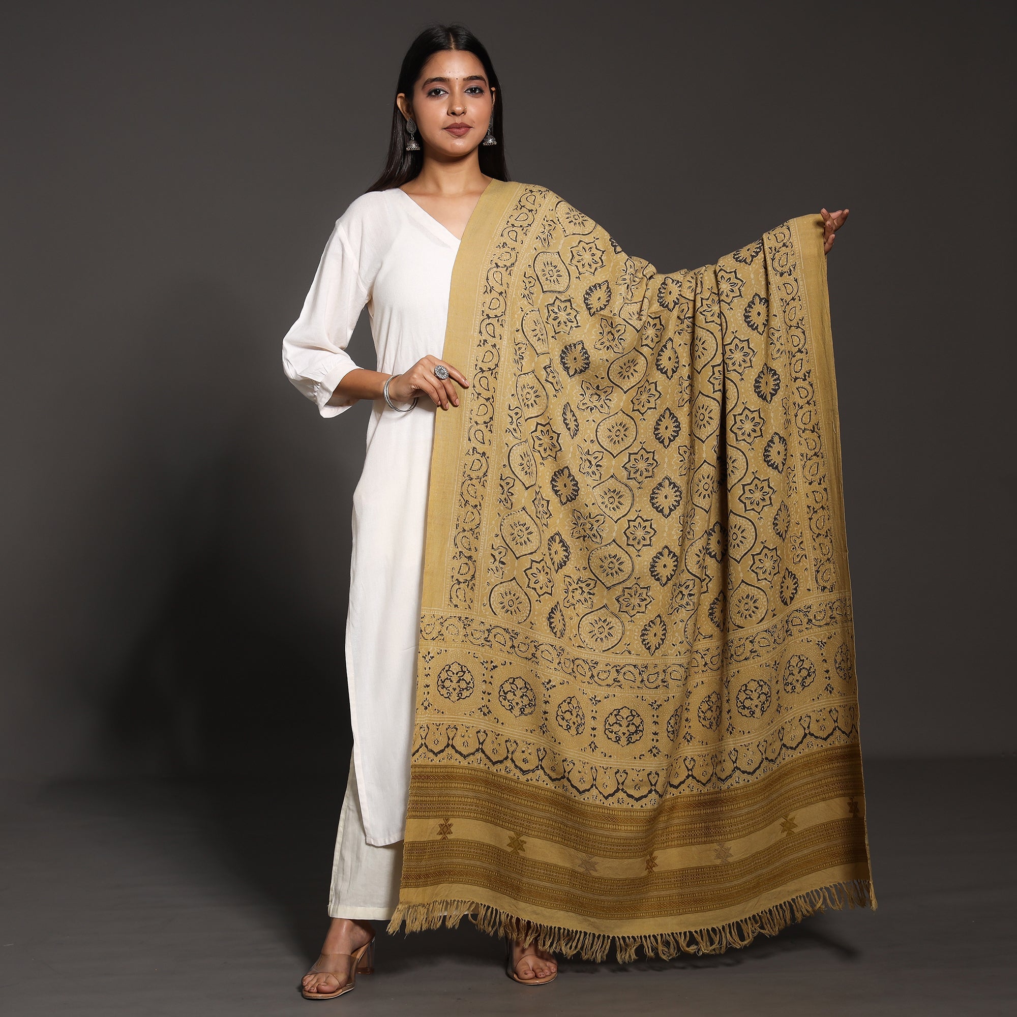 VANKAR BHIMJI KANJI Brown - Kutch Traditional Ajrakh Block Printed Handwoven Pure Wool Shawl
