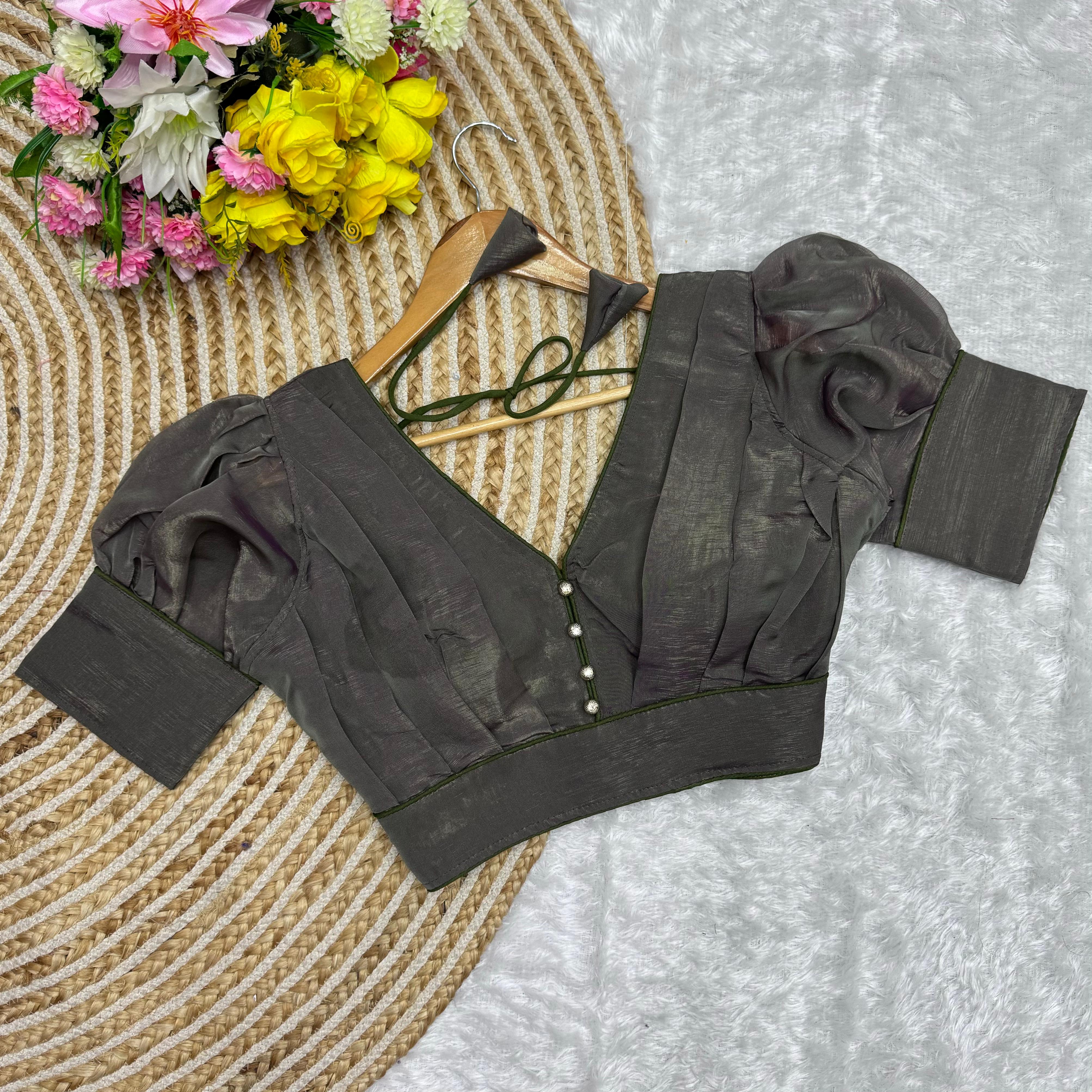 ClothsVilla Black Color Metallic Jari Blouse with Ruffled Pattern and Balloon Sleeves