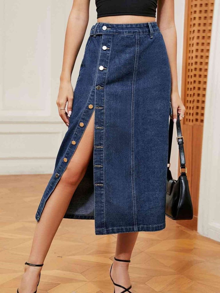 IZF Denim Front Open Midi Skirt – Blue