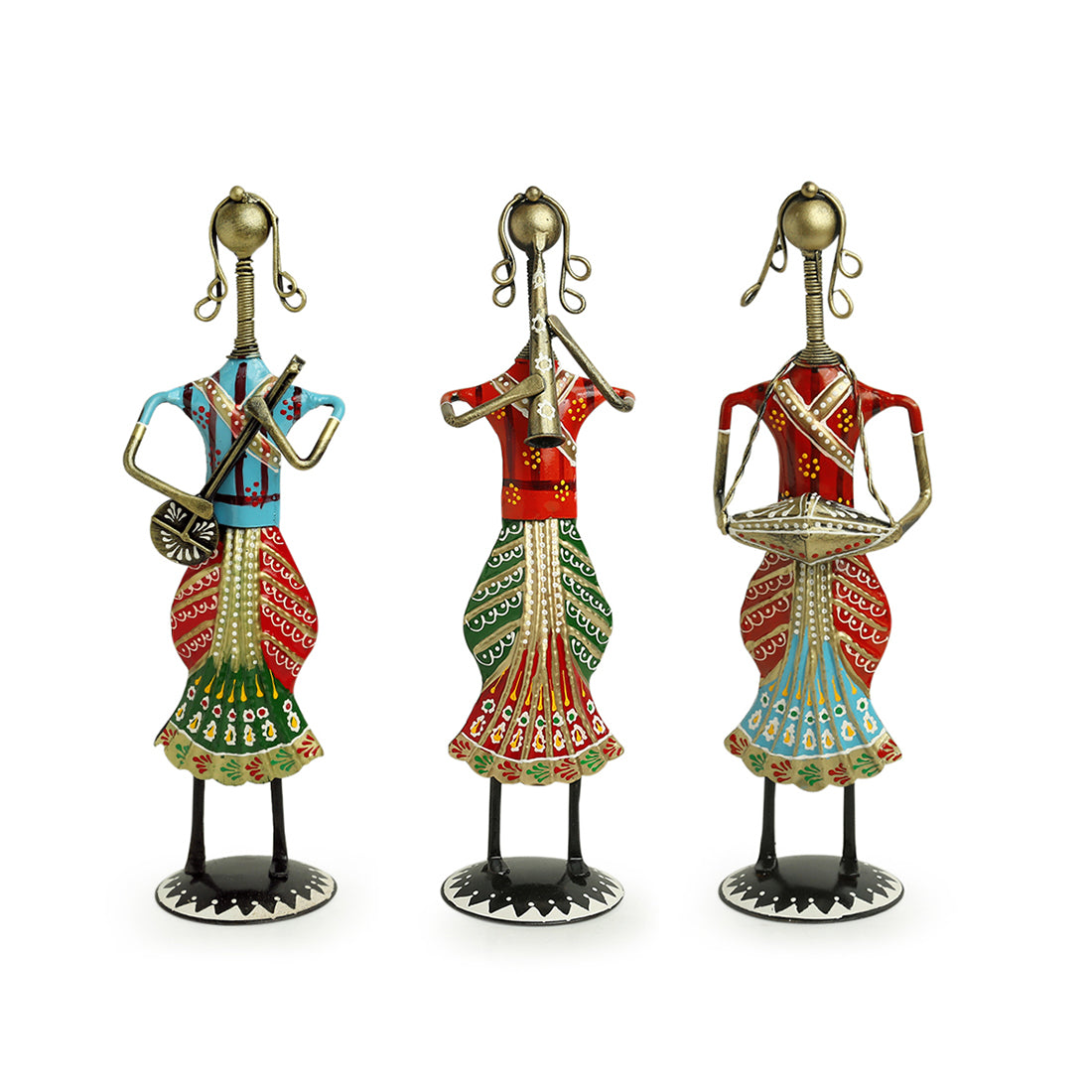 EXCLUSIVELANE 'Rajasthani Tribal Lady Musicians' Handpainted Decorative Showpieces (12 Inch, Set of 3, Iron) - view 2