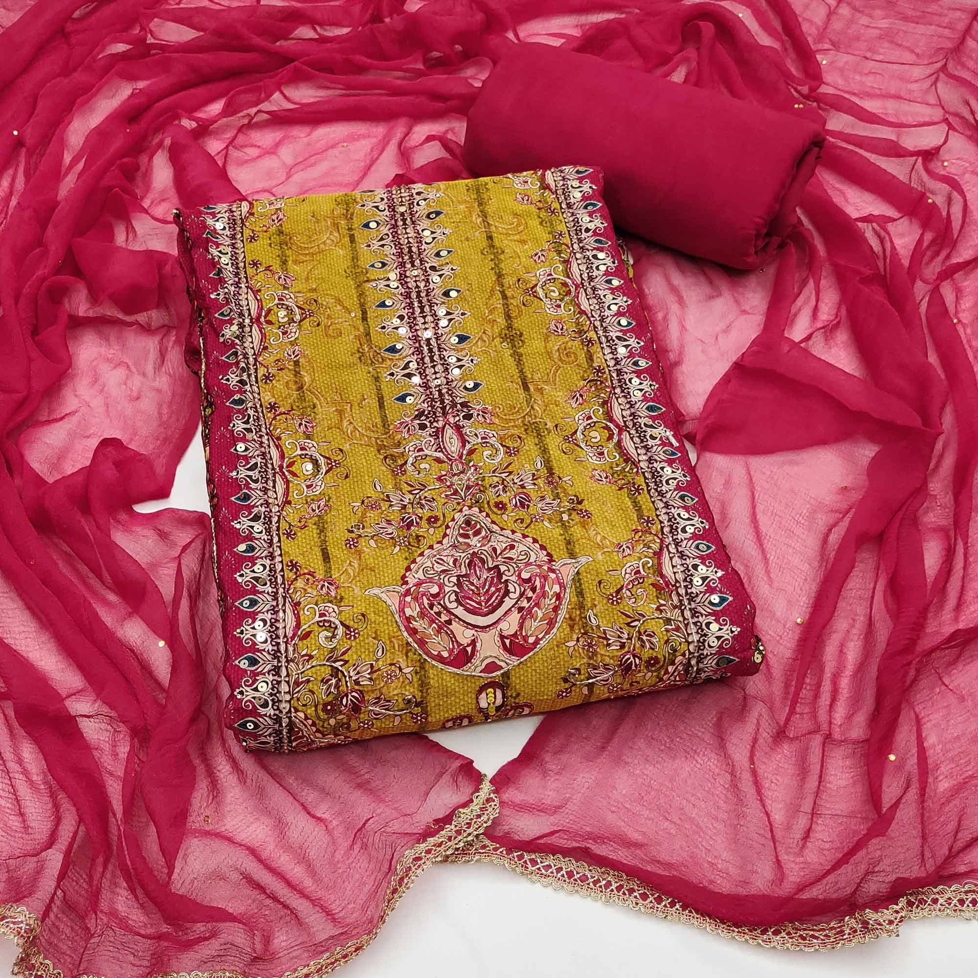 Peachmode Pink Sequins Embroidery With Printed Crepe Dress Material