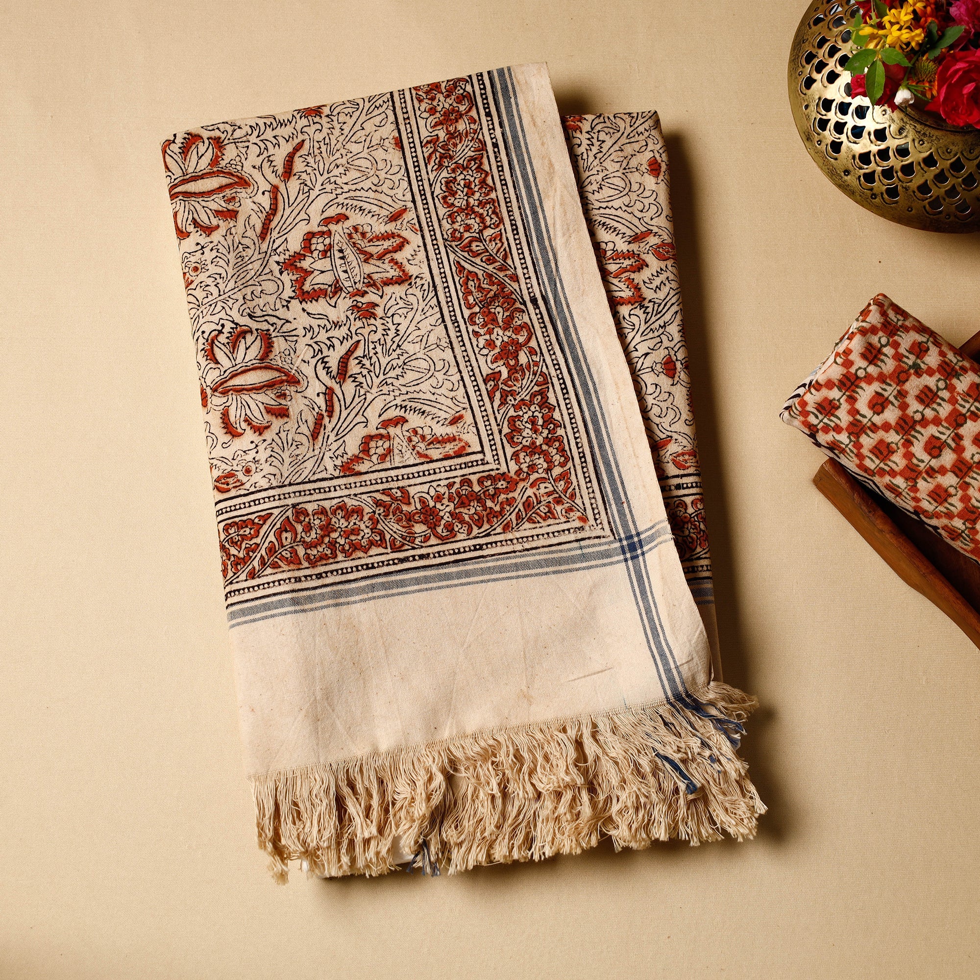 PITCHUKA SRINIVAS KALAMKARI PEDANA Beige - Pedana Kalamkari Block Printed Handloom Cotton Towel