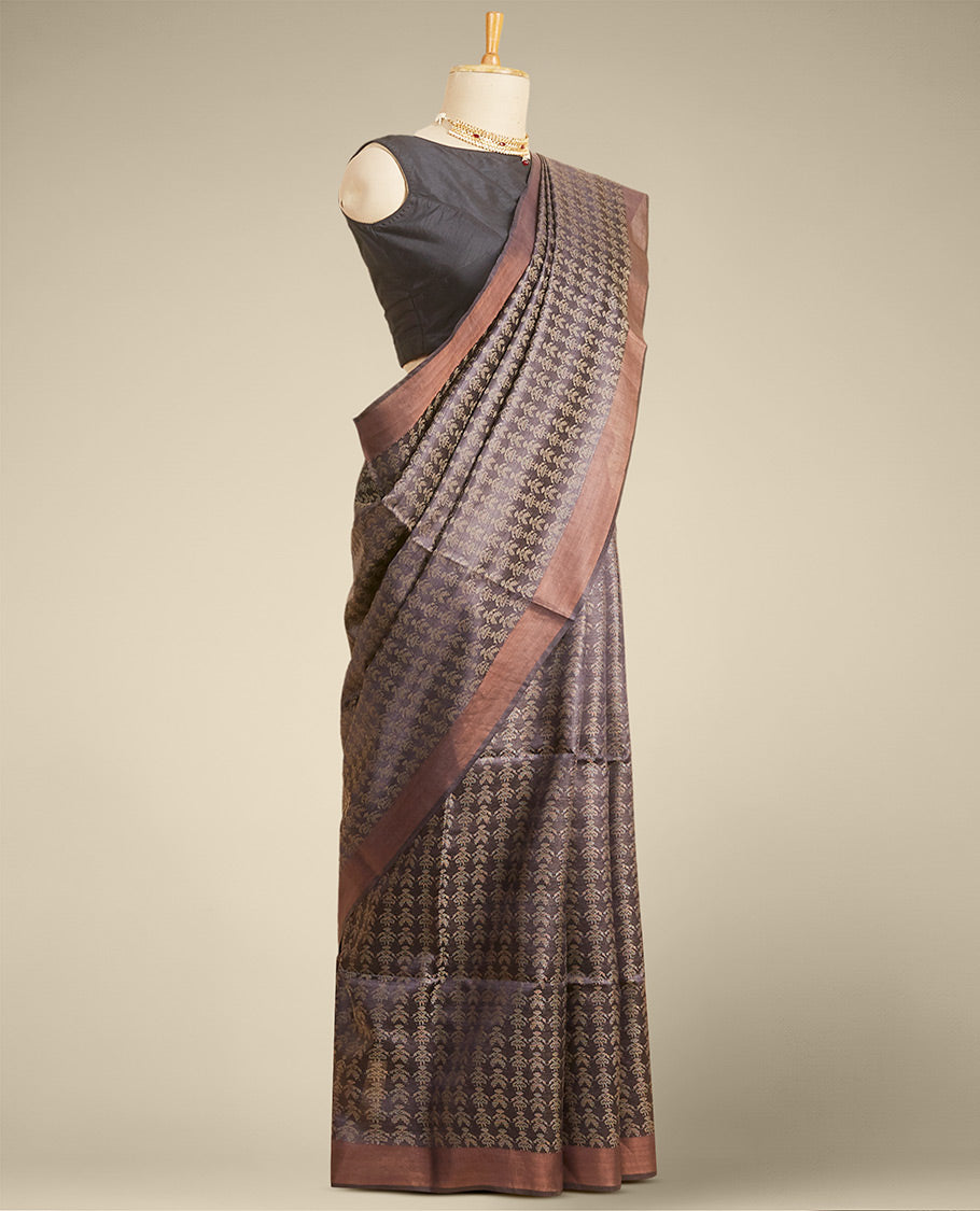 Pothys Brown floral design tusser silk saree with self zari border - view 2