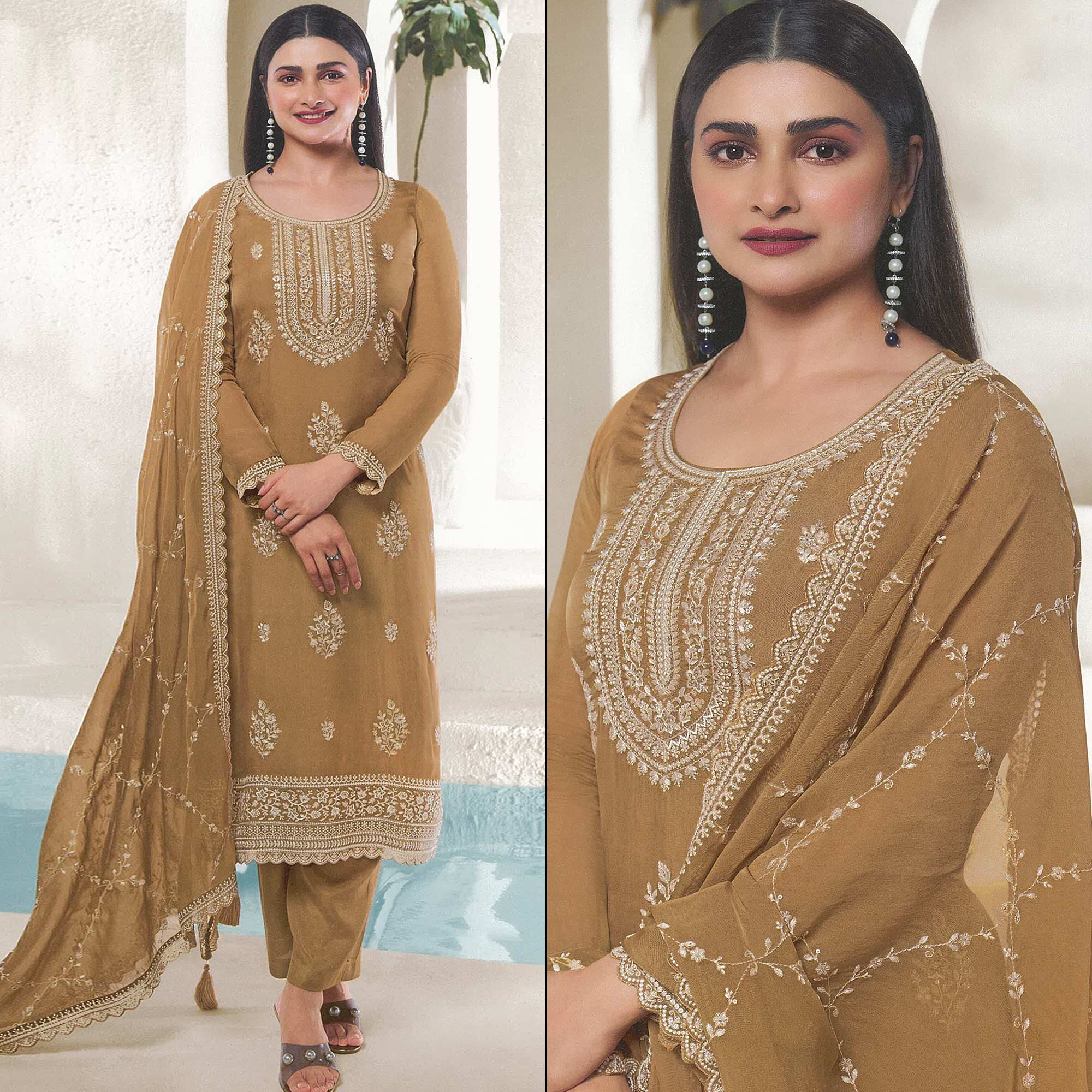 Peachmode Light Brown Floral Embroidered Organza Semi Stitched Salwar Suit