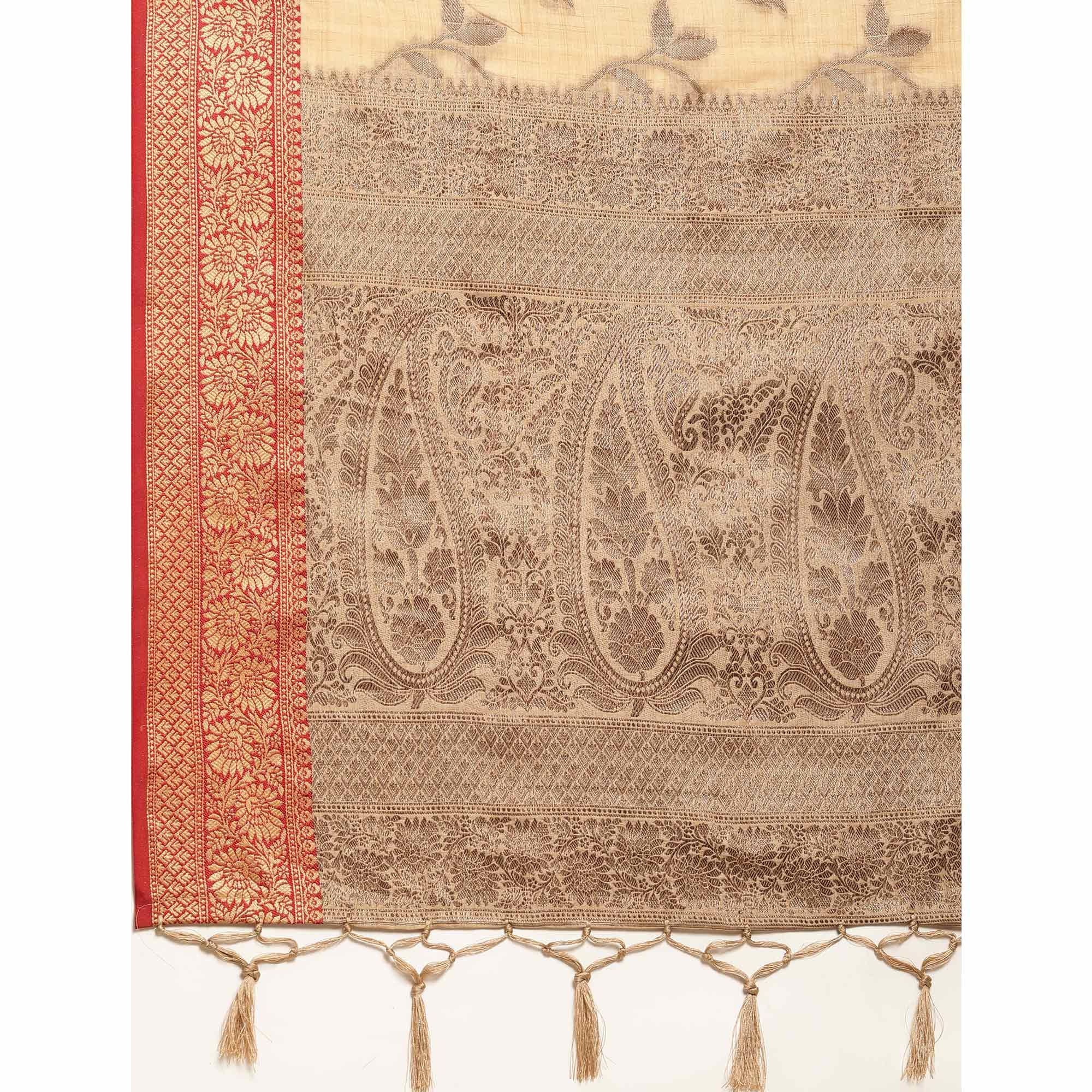 Peachmode Chikoo Woven Cotton Silk Saree With Tassels - view 10