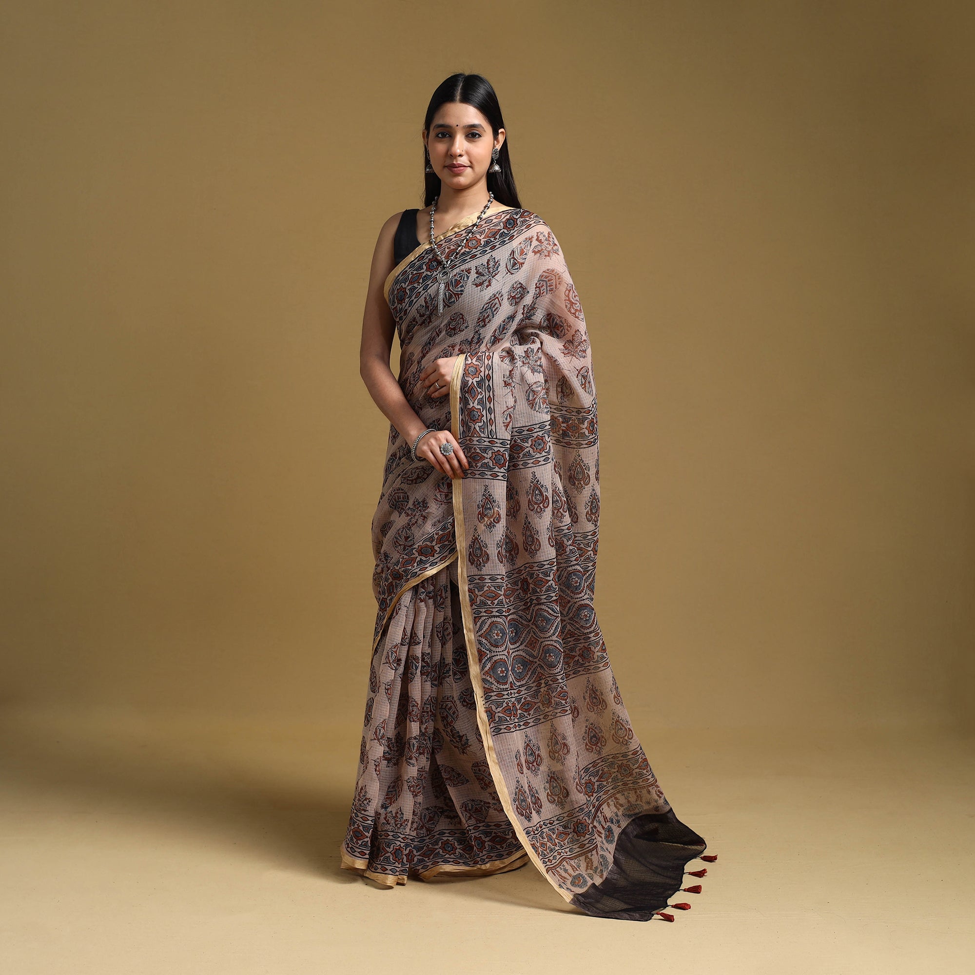 KACHCHH JI CHHAAP Beige - Natural Dyed Block Print Kota Doria Cotton Ajrakh Saree 11