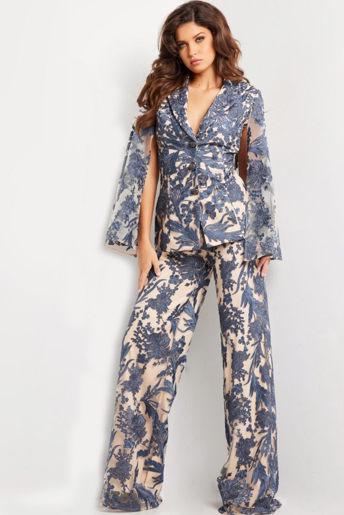 Jovani 25805 Long Two Piece Formal Pant Suit – Navy/Nude