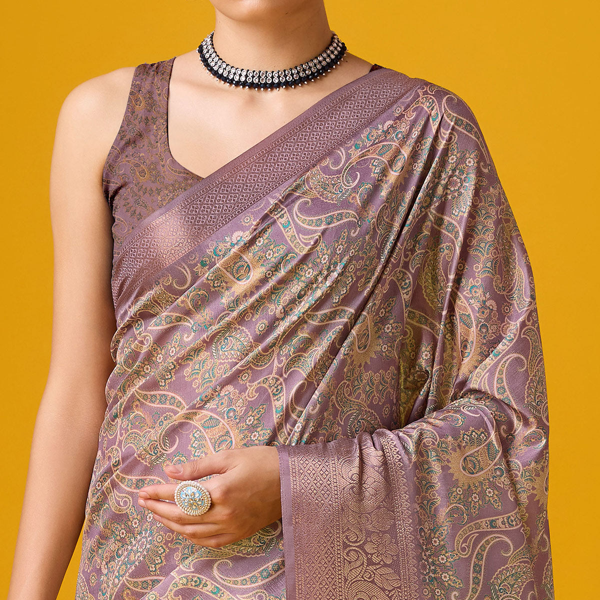 Peachmode Mauve Digital Printed Cotton Silk Saree With Border - view 3