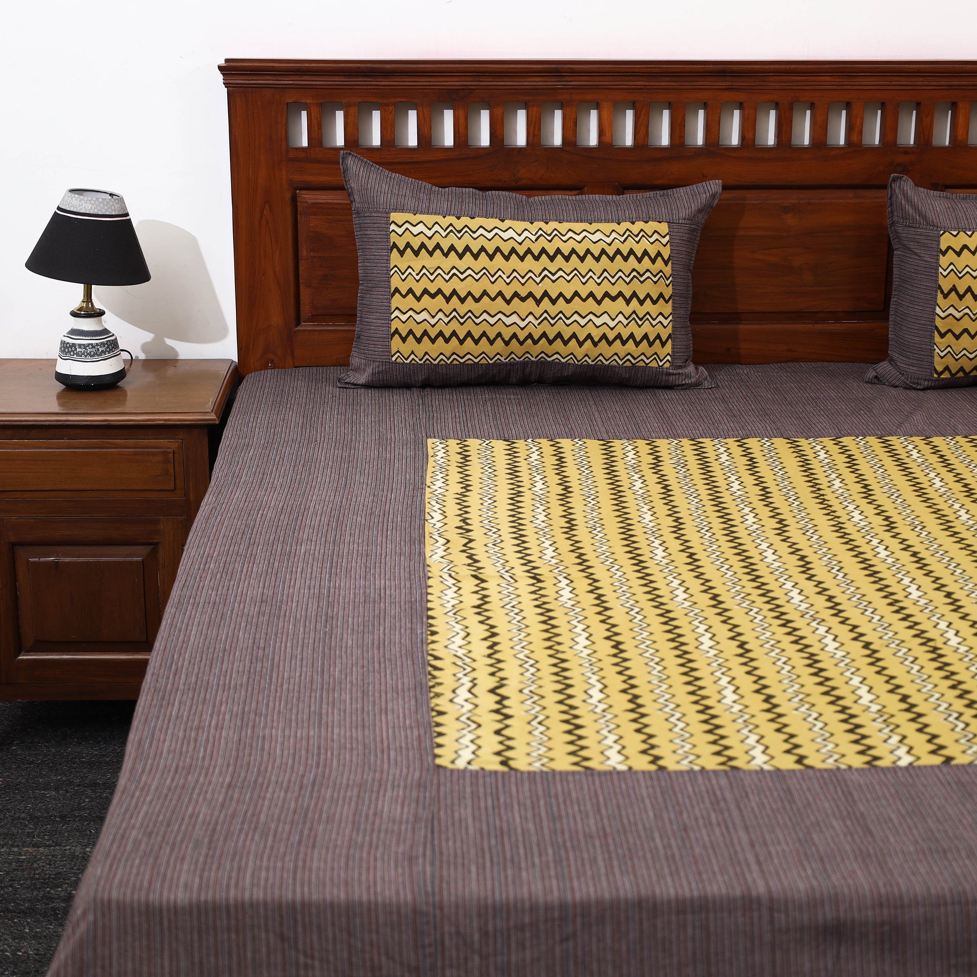 NOORI BAZAR Brown - Plain Cotton Double Bed Cover with Block Print Patchwork (94 x 89 In) - view 2