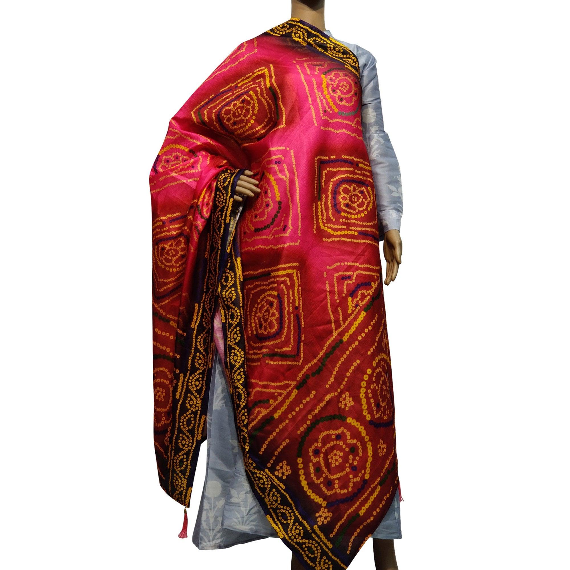 Peachmode Seller Jazzy Pink Colored Casual Wear Printed Cotton Silk Dupatta With Tassels