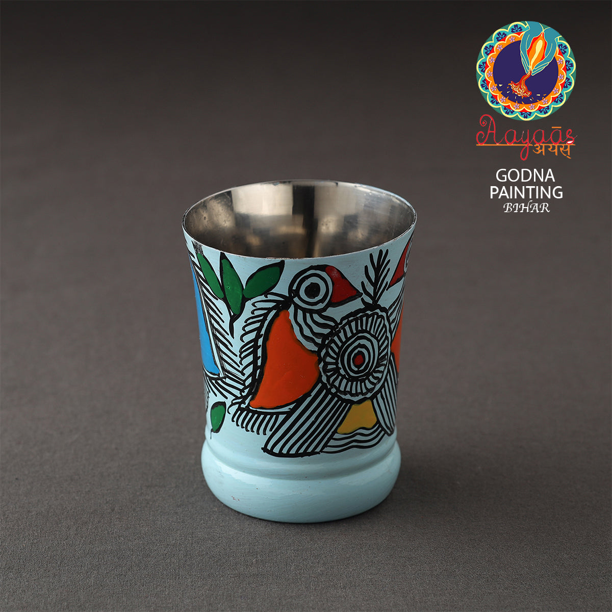 AAYAAS Blue - Godna Madhubani Handpainted Stainless Steel Glass