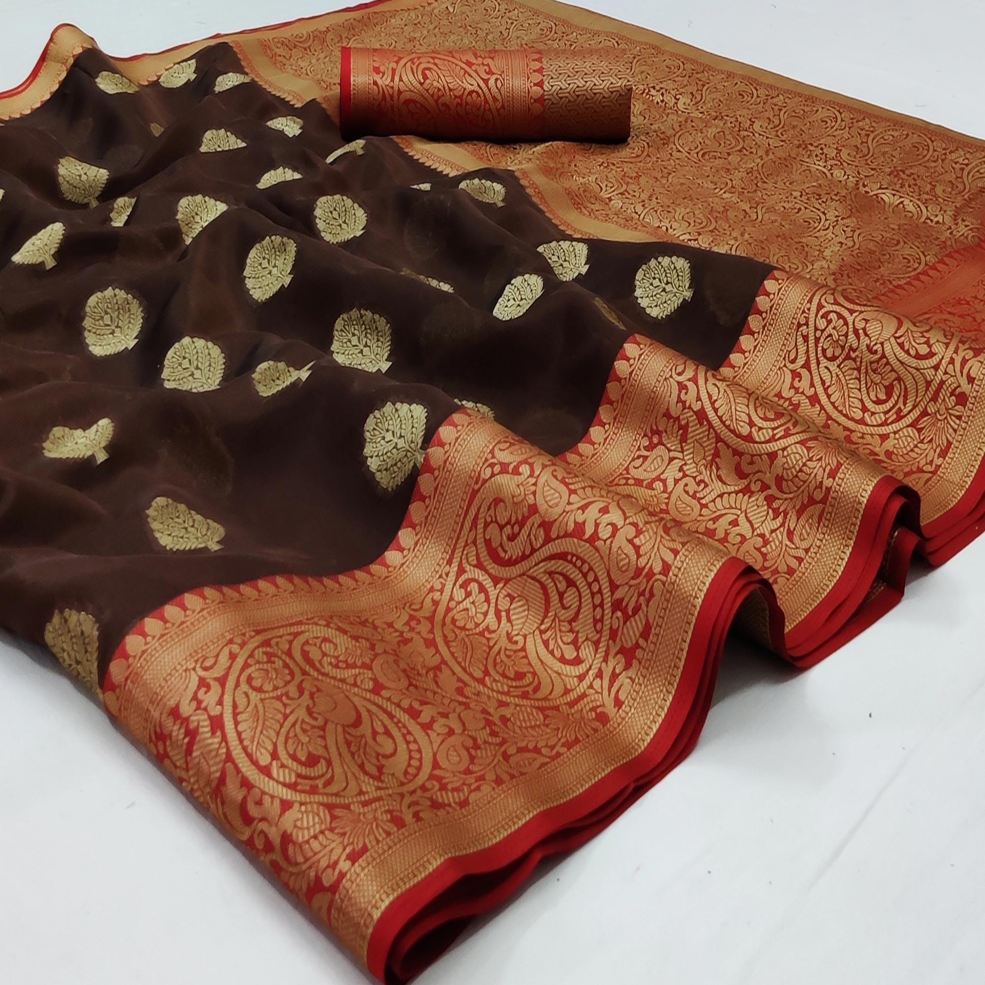Peachmode Brown Festive Wear Woven Silk Saree