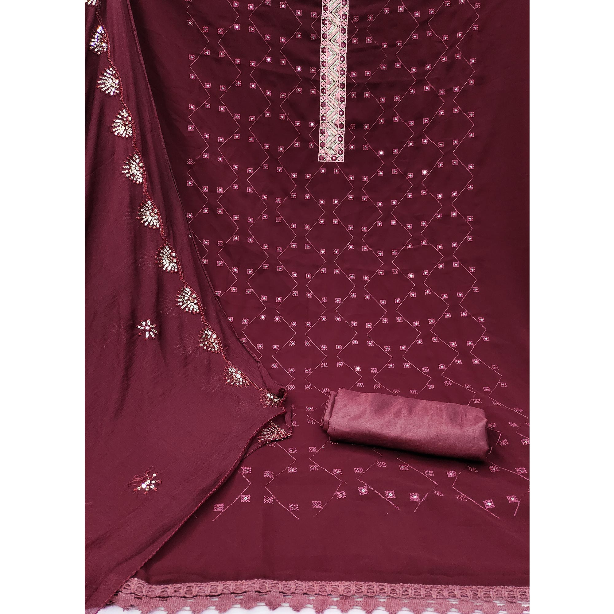 Peachmode Maroon Sequins Embroidered Georgette Dress Material - view 4