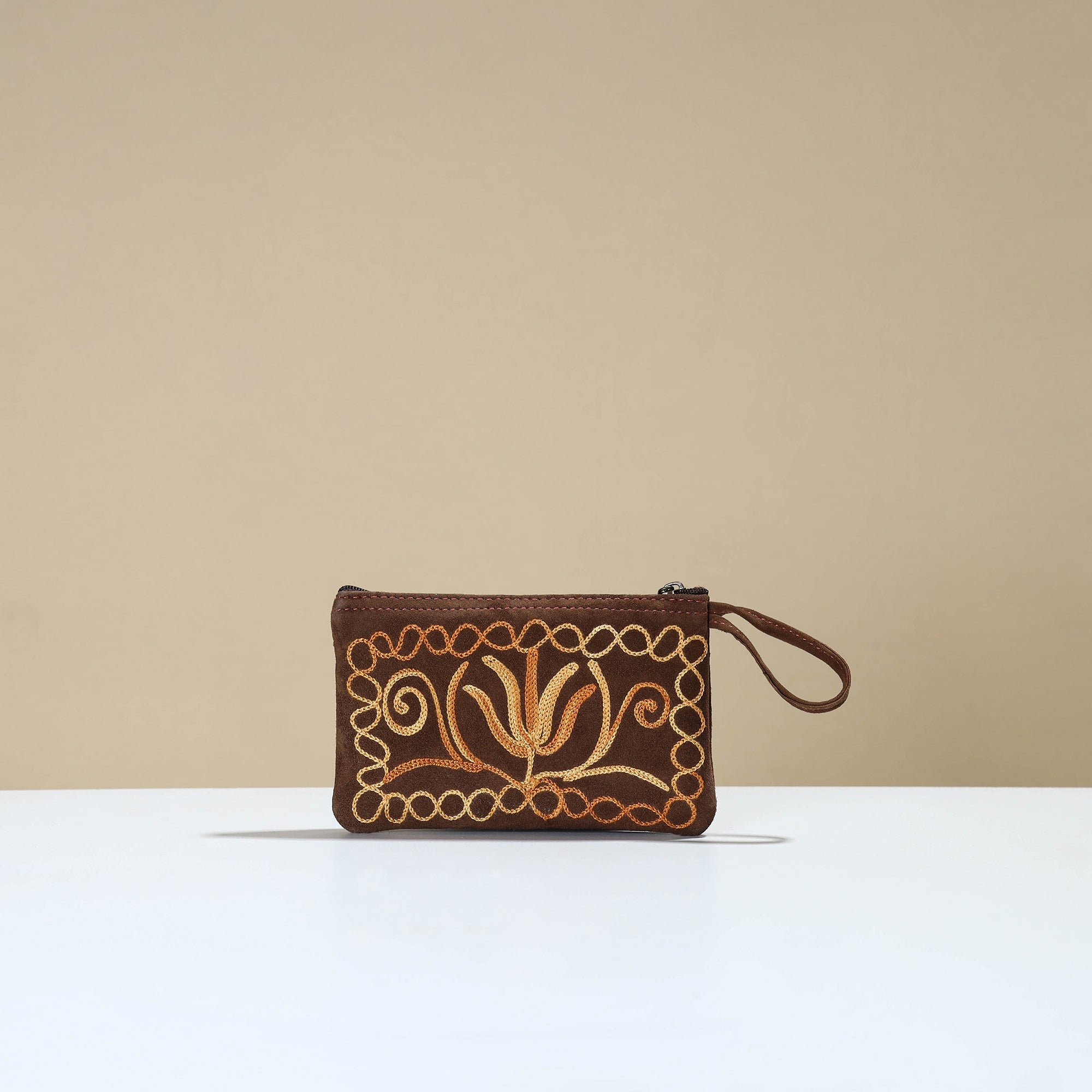ITOKRI CRAFTS INITIATIVE Brown - Kashmiri Crewel Hand Embroidery Velvet Coin Purse 01