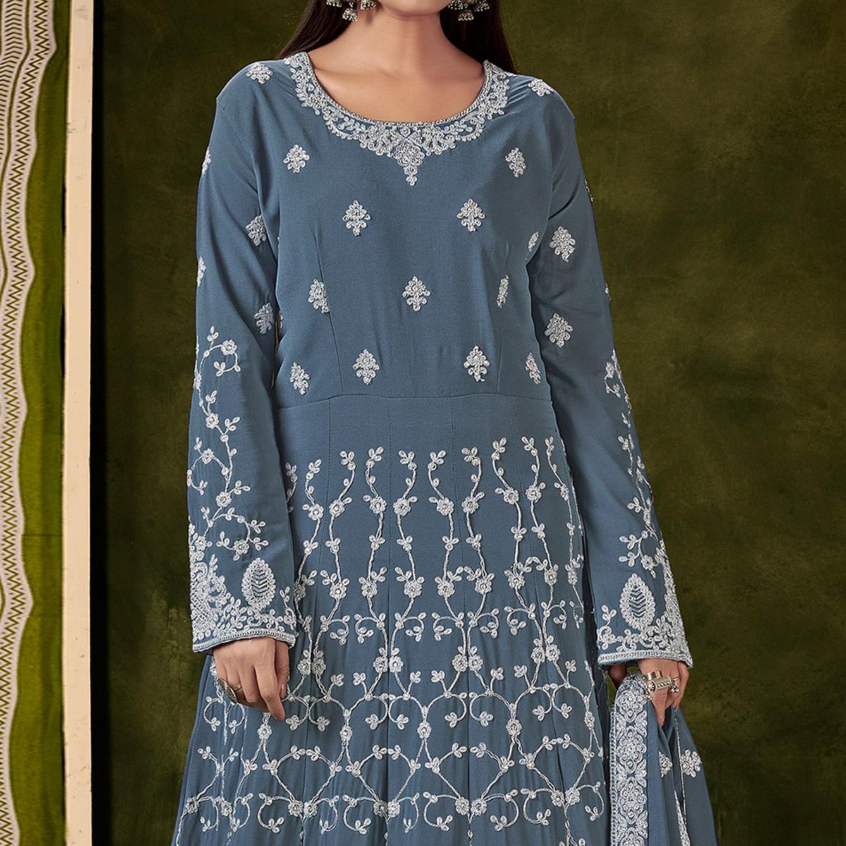 Peachmode Seller Grey Partywear Embroidered With Embellished Georgette Gown - view 2