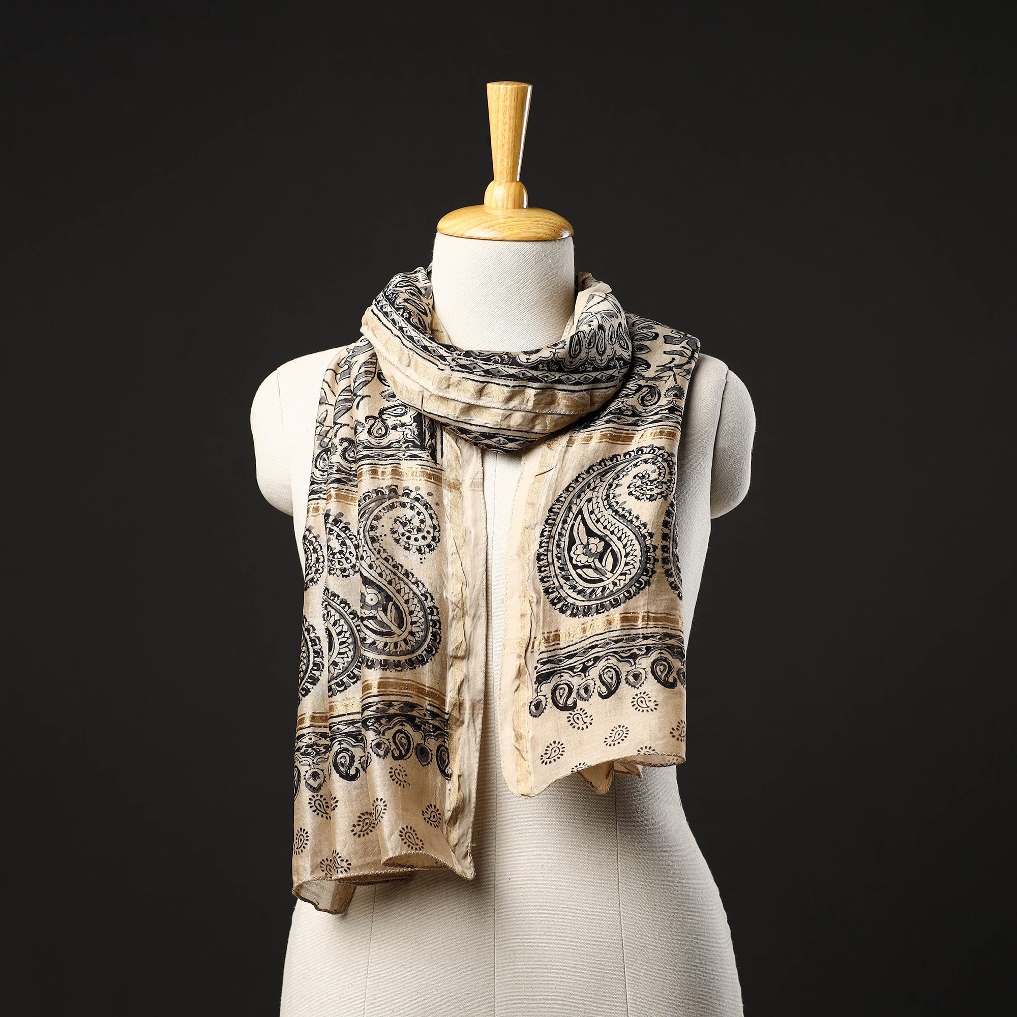 SOUTH KARGHA Beige - Pedana Block Print Chanderi Silk Kalamkari Stole 06