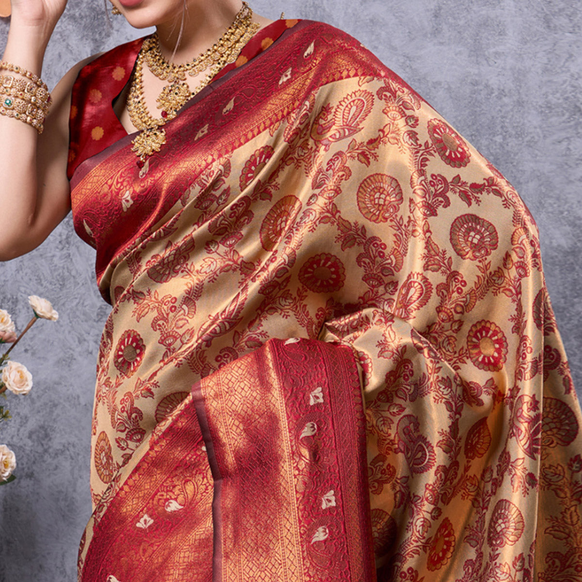 Peachmode Cream Woven Kanjivaram Silk Saree – Women's - view 3