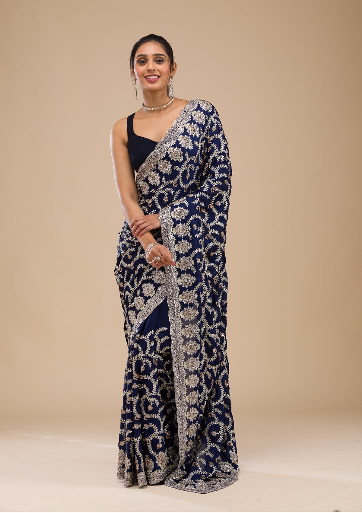 Koskii Navy Blue Zariwork Georgette Saree – Women's - view 7