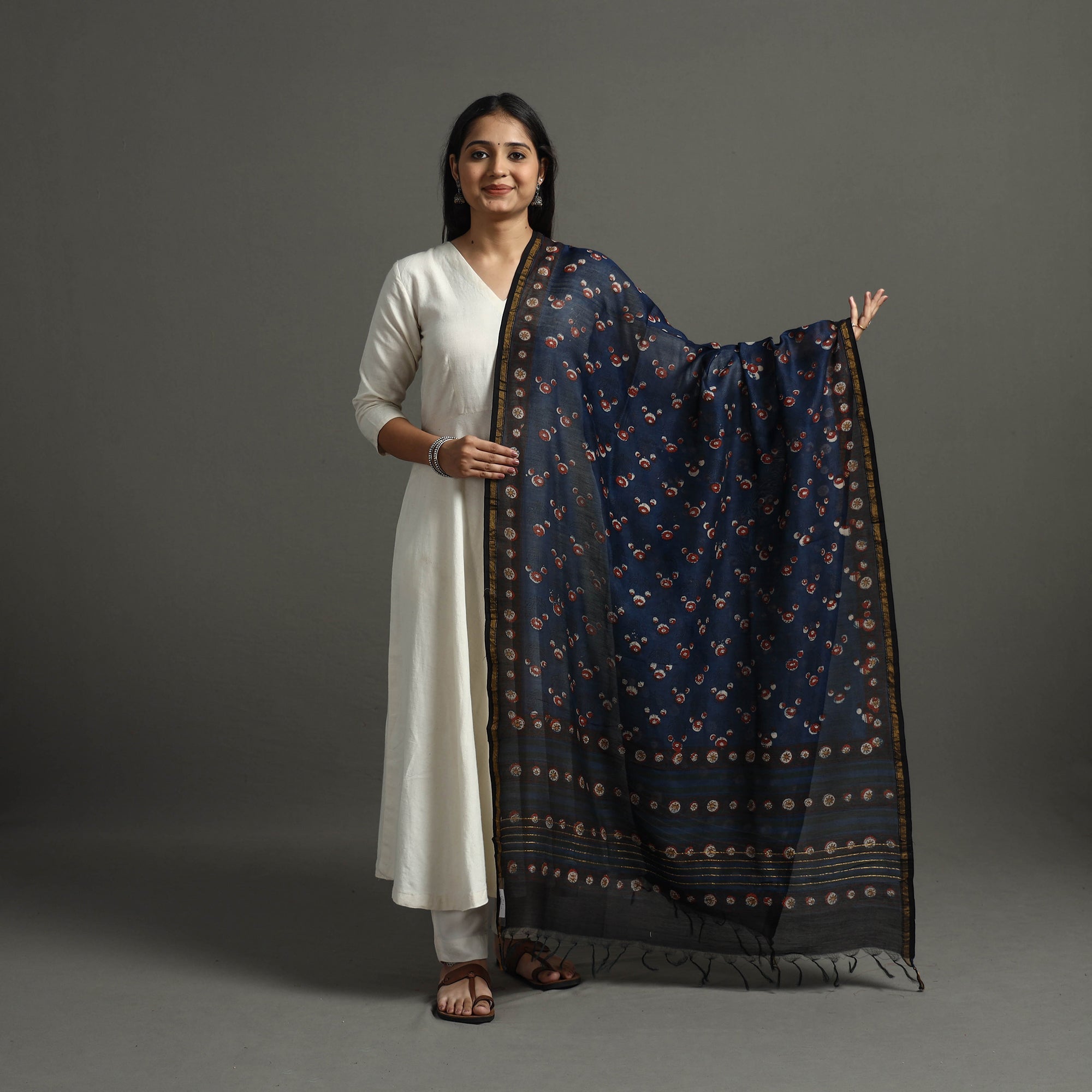 BAGRU DABU PRINTS Blue - Block Printed Chanderi Silk Bagru Dupatta 91