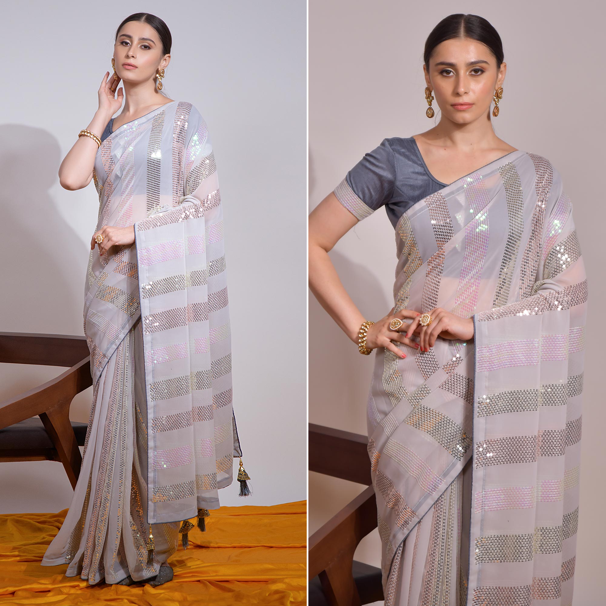 Peachmode Grey Sequins Embroidered Georgette Saree