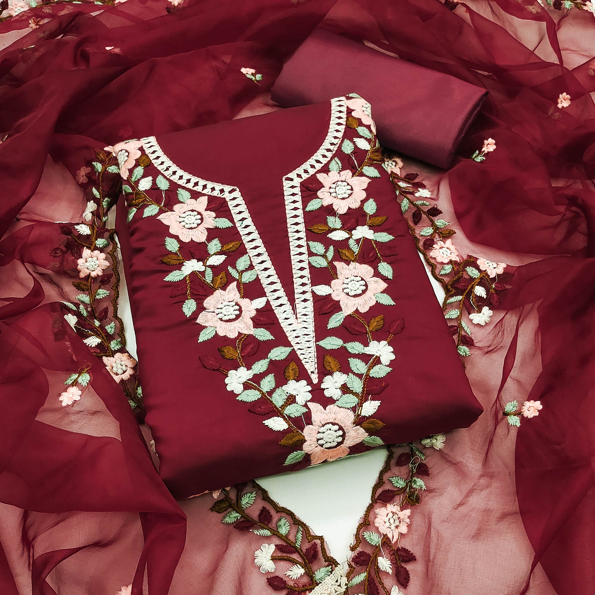 Peachmode Maroon Floral Embroidered Roman Cotton Silk Dress Material