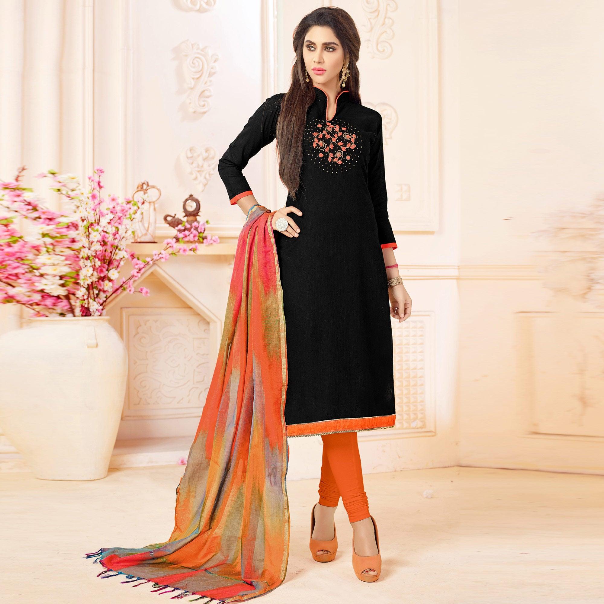 Peachmode Flaunt Black Colored Embroidered Khadi Silk Dress Material