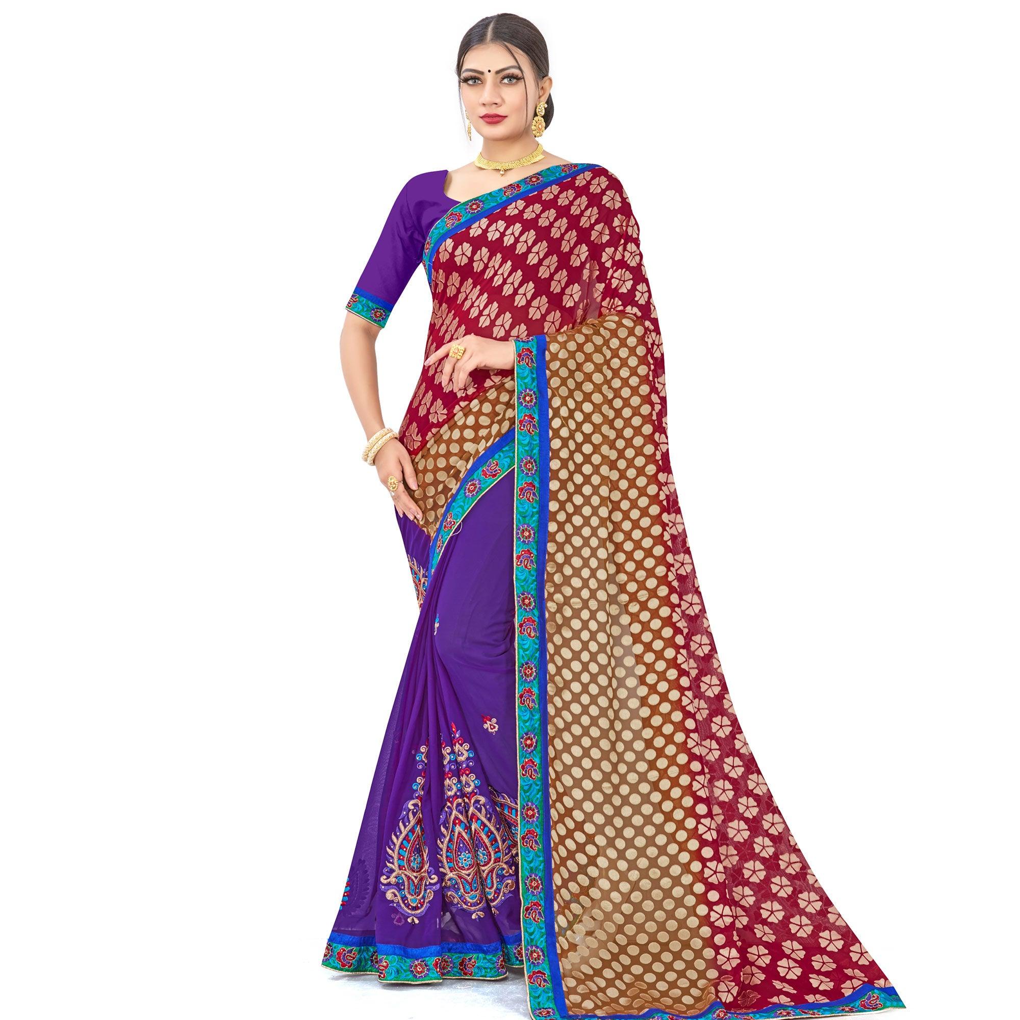 Peachmode Impressive Violet-Maroon Colored Party Wear Embroidered Georgette Half-Half Saree