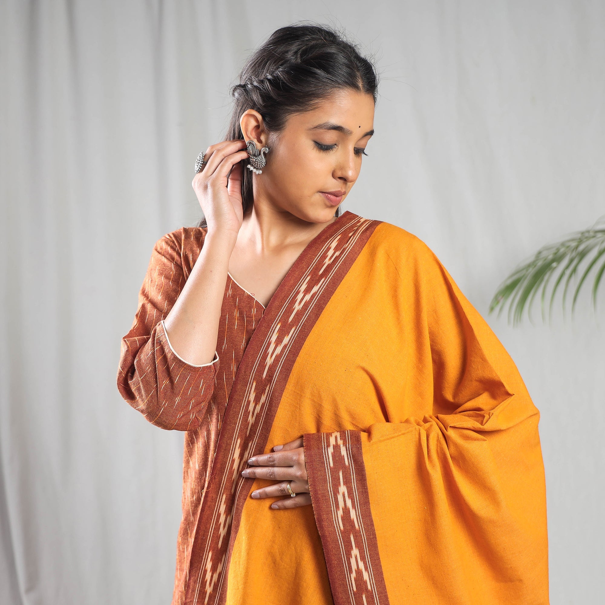ITOKRI CASUALS Brown - Pochampally Ikat Cotton Kurta with Palazzo & Dupatta Set - view 3