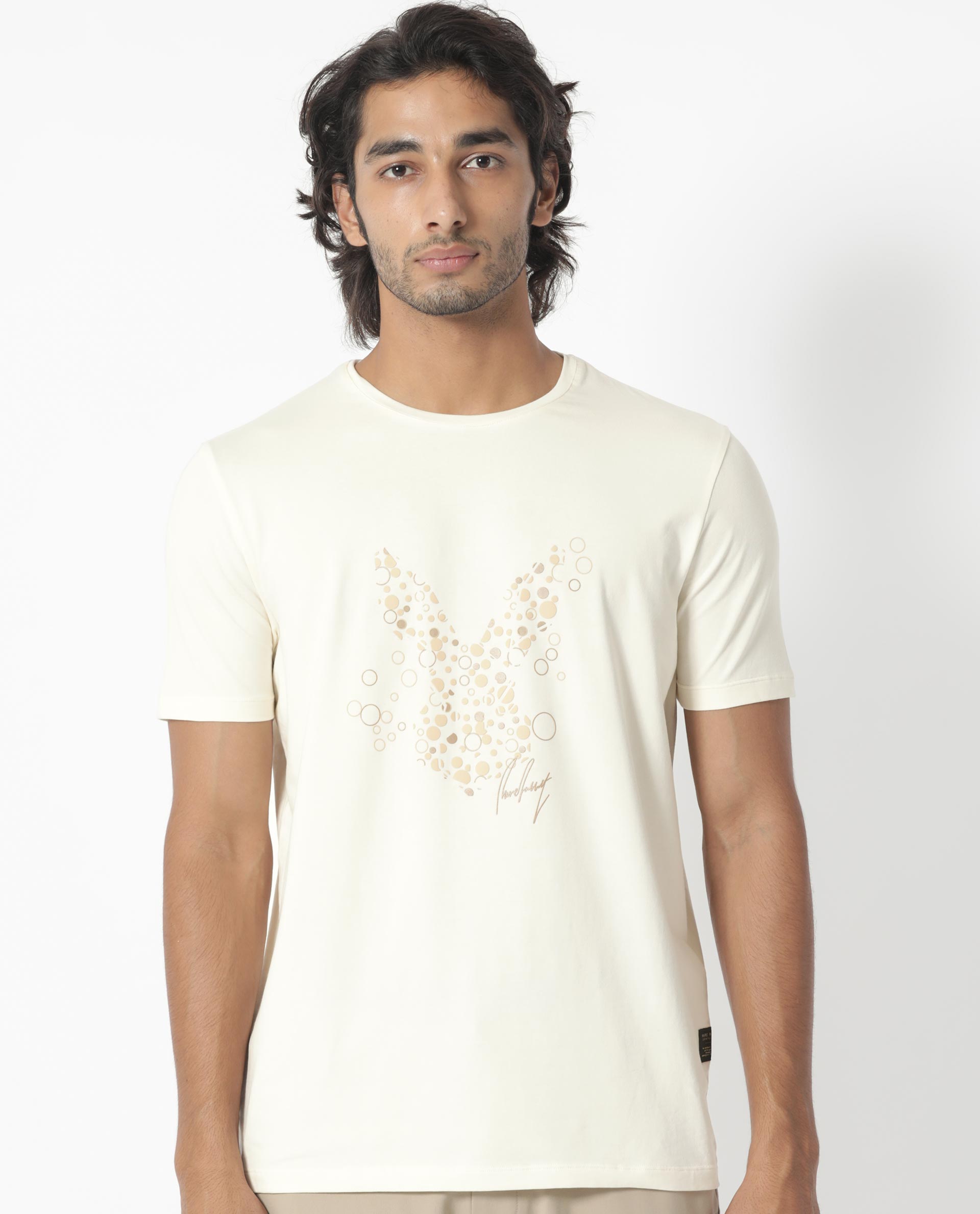 Rare Rabbit Men's Kerwin Beige Crew Neck HD Print Logo on Chest Half Sleeves Regular Fit T-Shirt - view 4