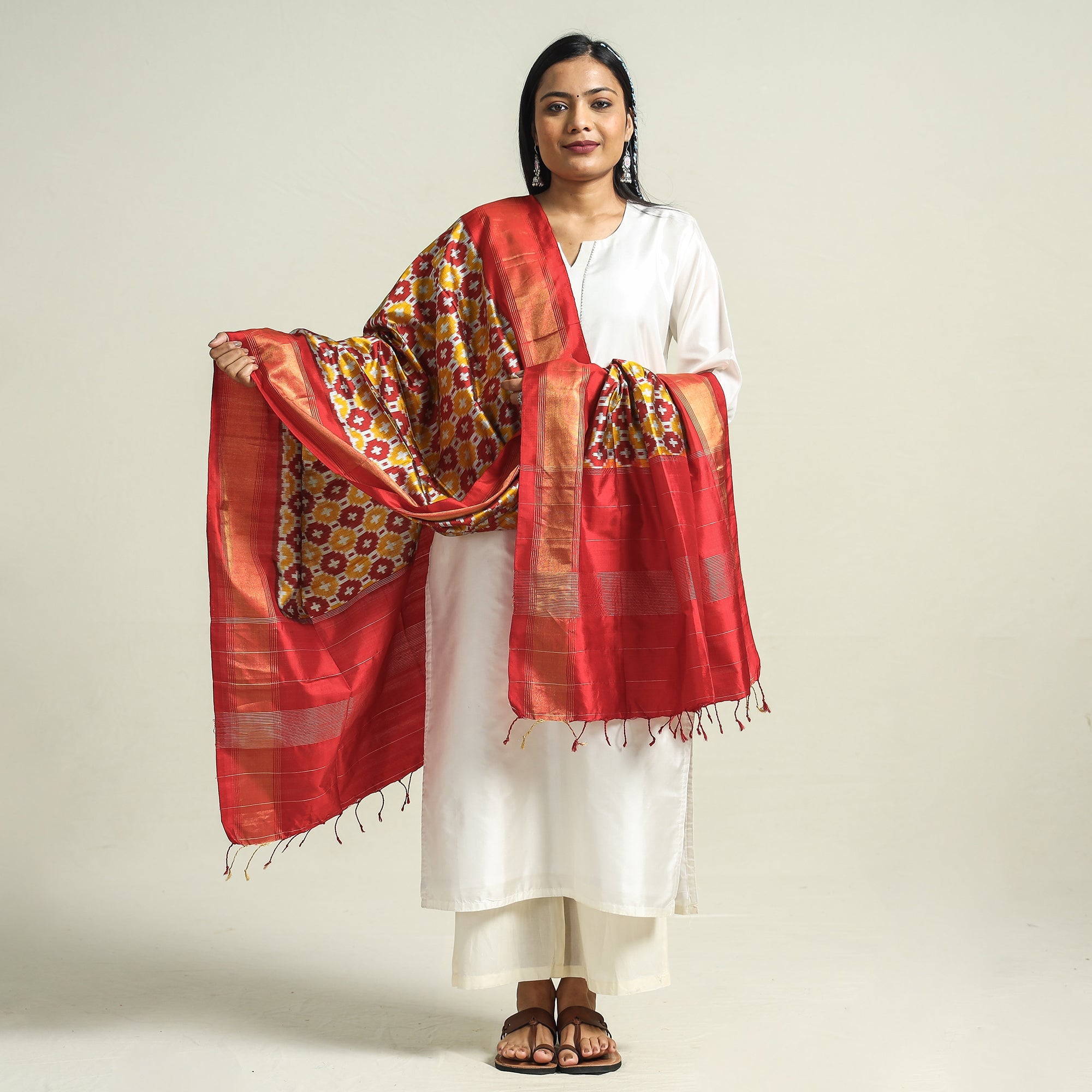 IKAT WEAVES BY EDEM CHANDANA Brown - Handwoven Pochampally Ikat Pure Mulberry Silk Dupatta with Tassels - view 2