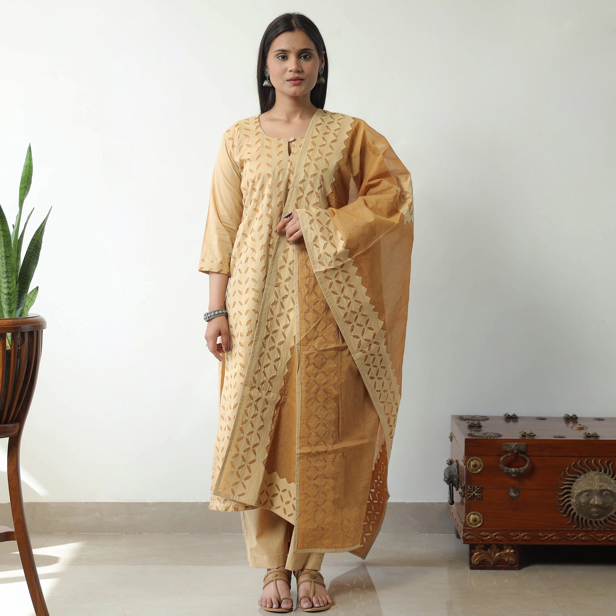 ITOKRI CASUALS Beige - Applique Cut Work Cotton Kurta with Palazzo & Dupatta Set 01
