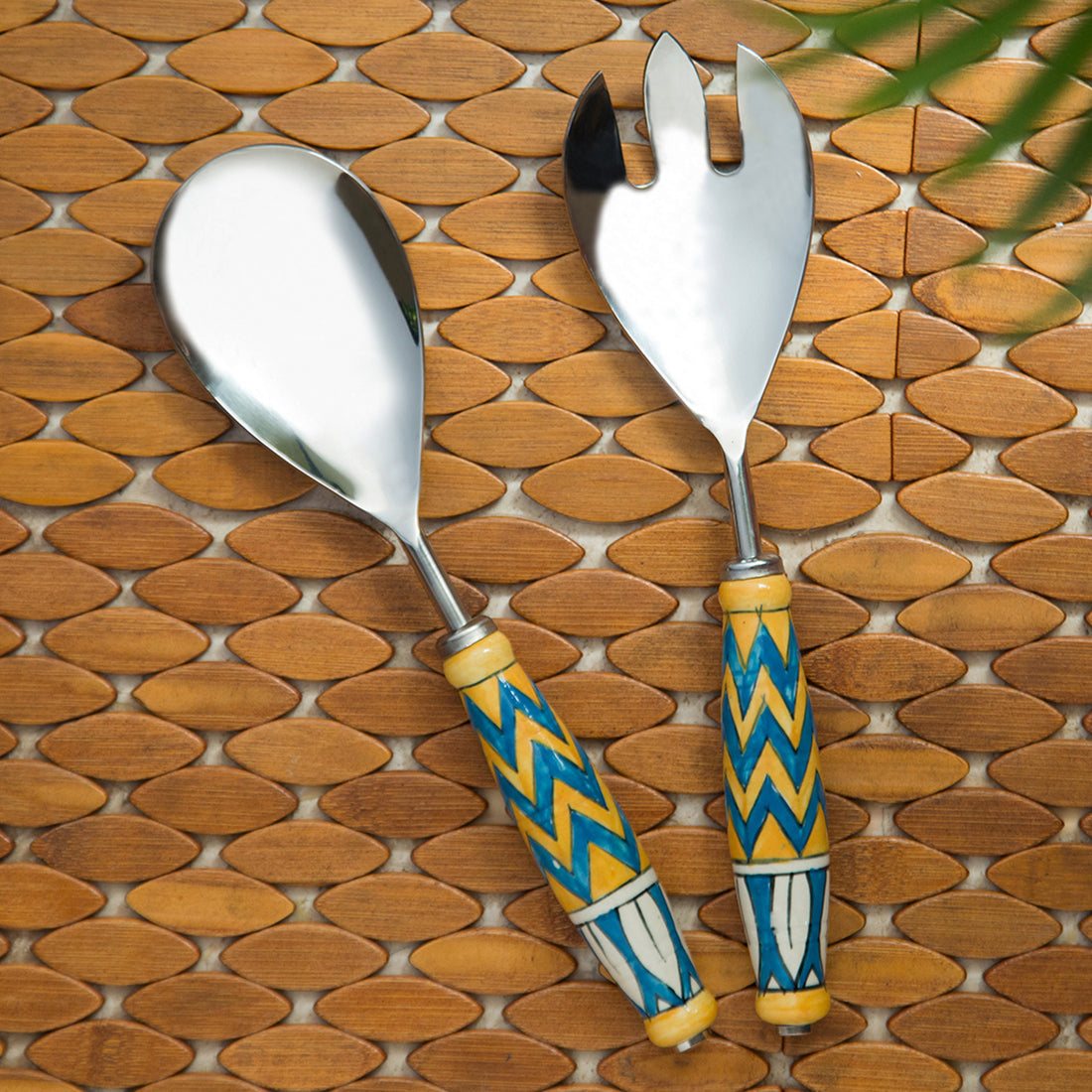 EXCLUSIVELANE 'The Mughal Paich Daar' Handpainted Serving Spoon & Fork Set In Stainless Steel & Ceramic (Set of 2)