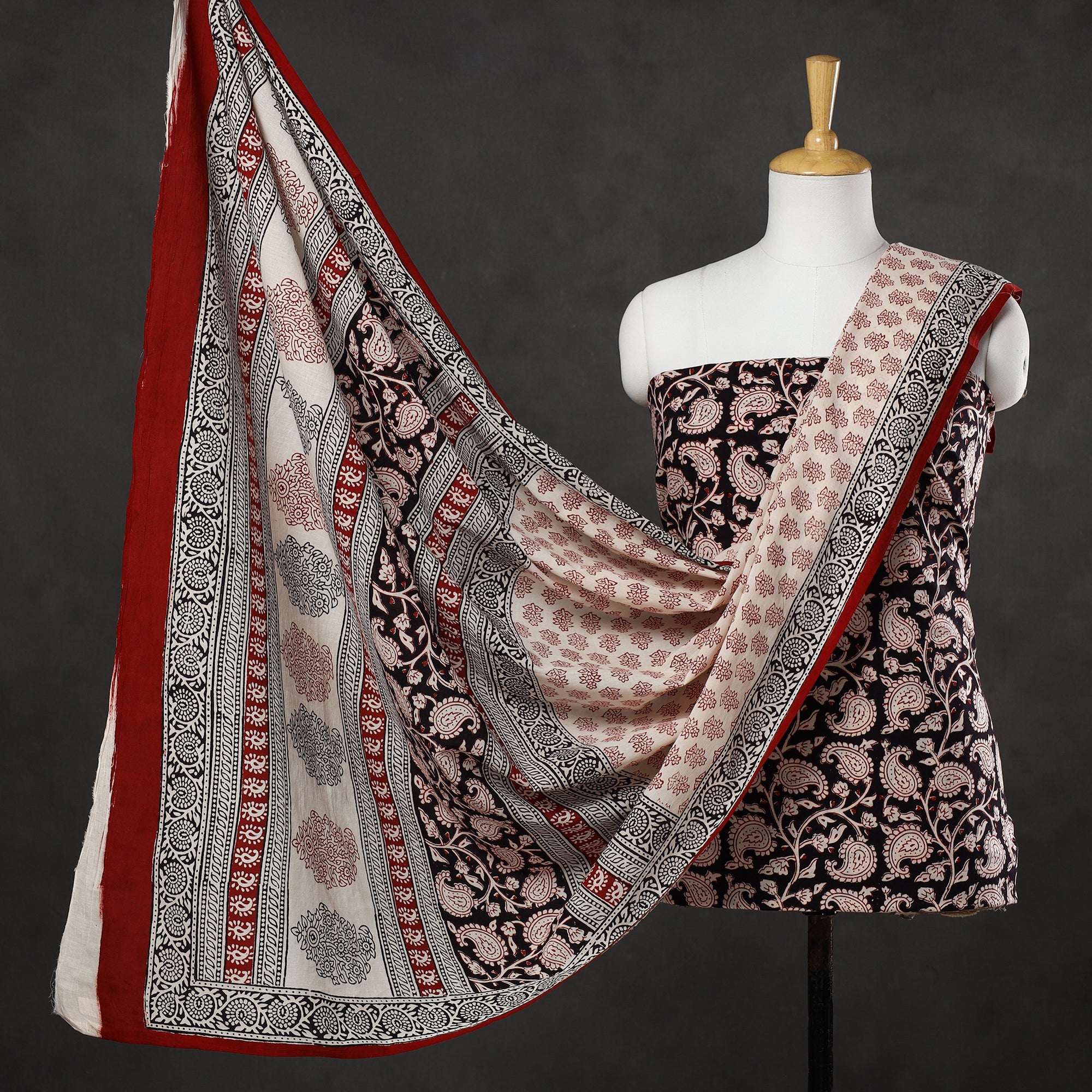 BAGH PRINTS BY UMAR FARUK KHATRI Black - 3pc Bagh Print Cotton Dress Material Set