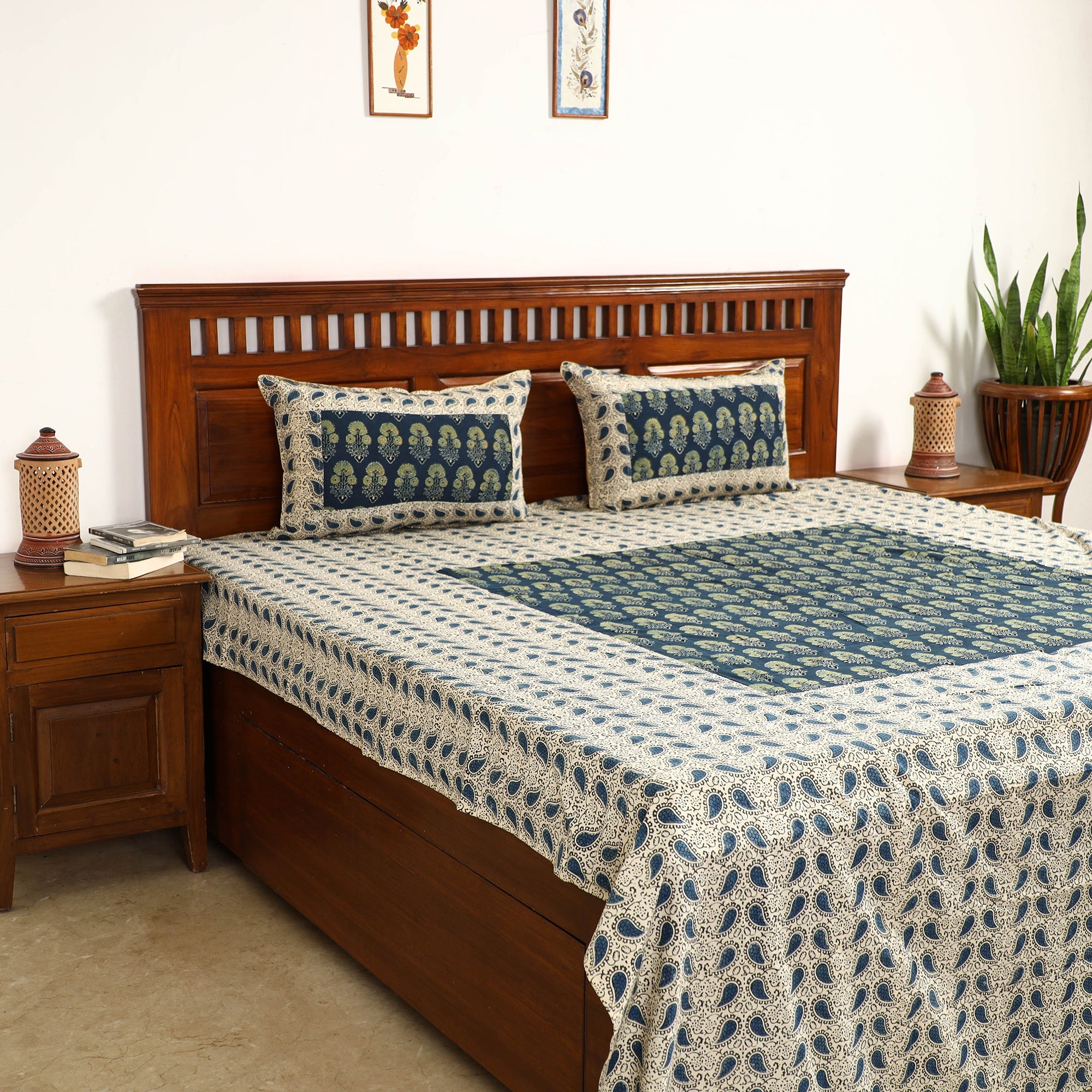 NOORI BAZAR Beige - Ajrakh Block Printed Patchwork Cotton Double Bed Cover with Pillow Covers (108 x 90 In)