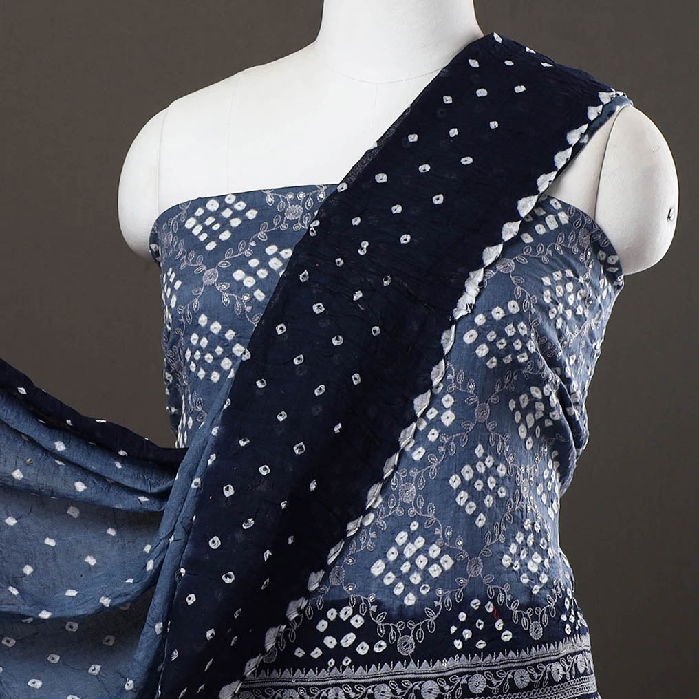 KACHCHH JI CHHAAP Blue - 3pc Satin Cotton Kutch Bandhani Dress Material 54 - view 3