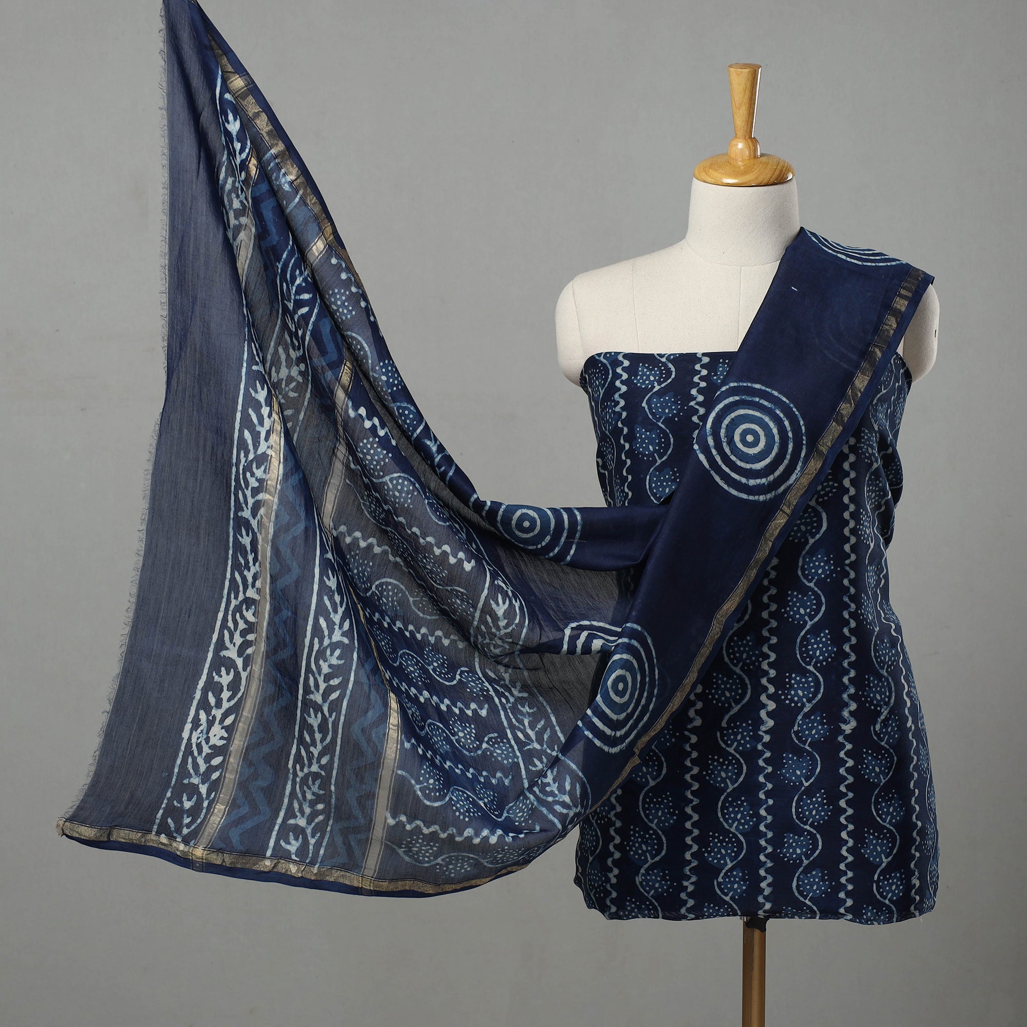 ARTISAN HAND BLOCK PRINTS Blue - 3pc Chanderi Silk Indigo Bagru Print Dress Material 07