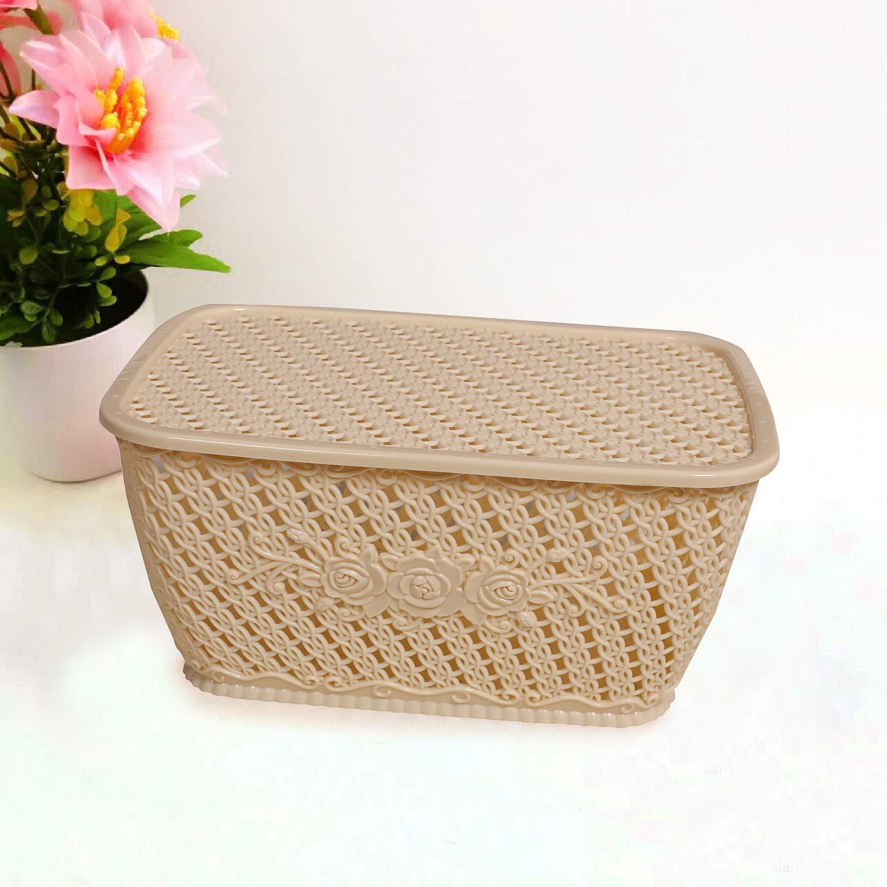 Kuber Industries Plastic 4 Pieces Small Size Multipurpose Solitaire Storage Basket for Kitchen, Office, Bedroom, Bath Room with Lid (Brown & Cream) CT - view 7
