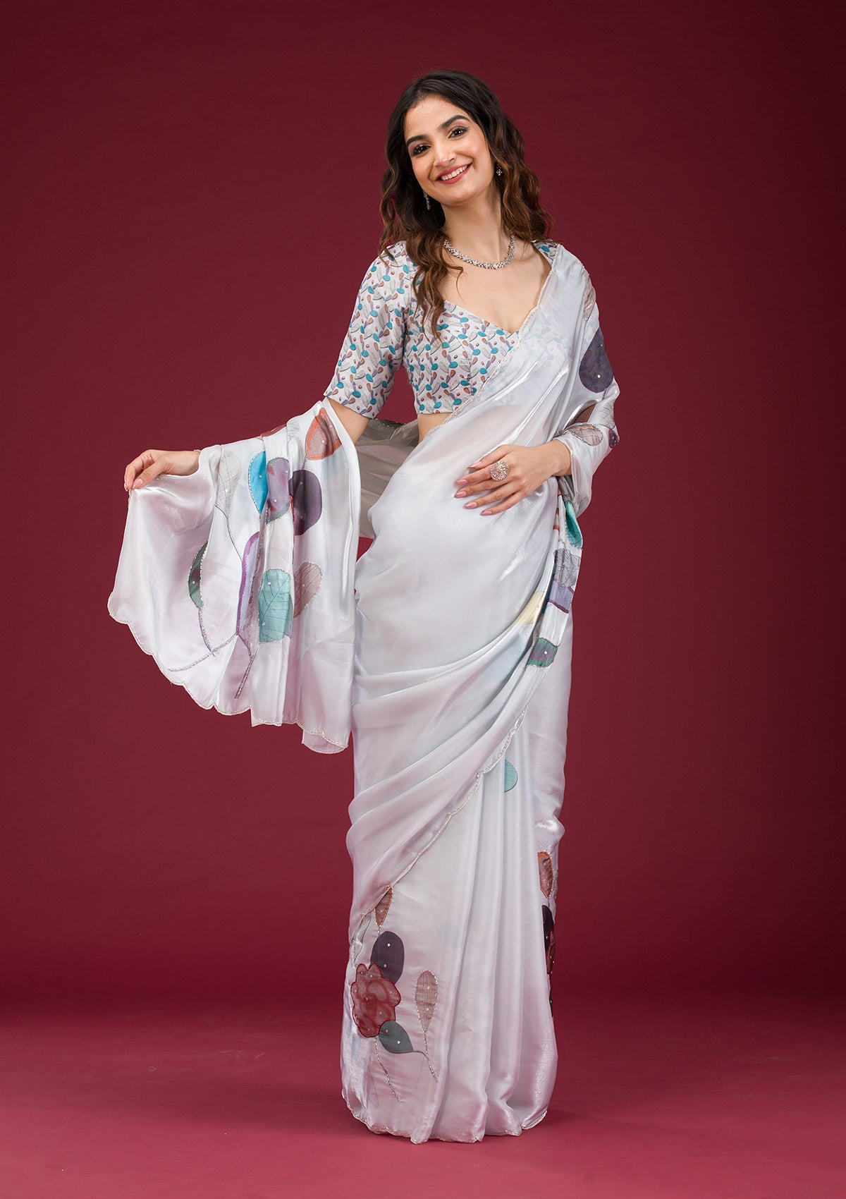 Koskii Light Grey Printed Tissue Saree – Women's
