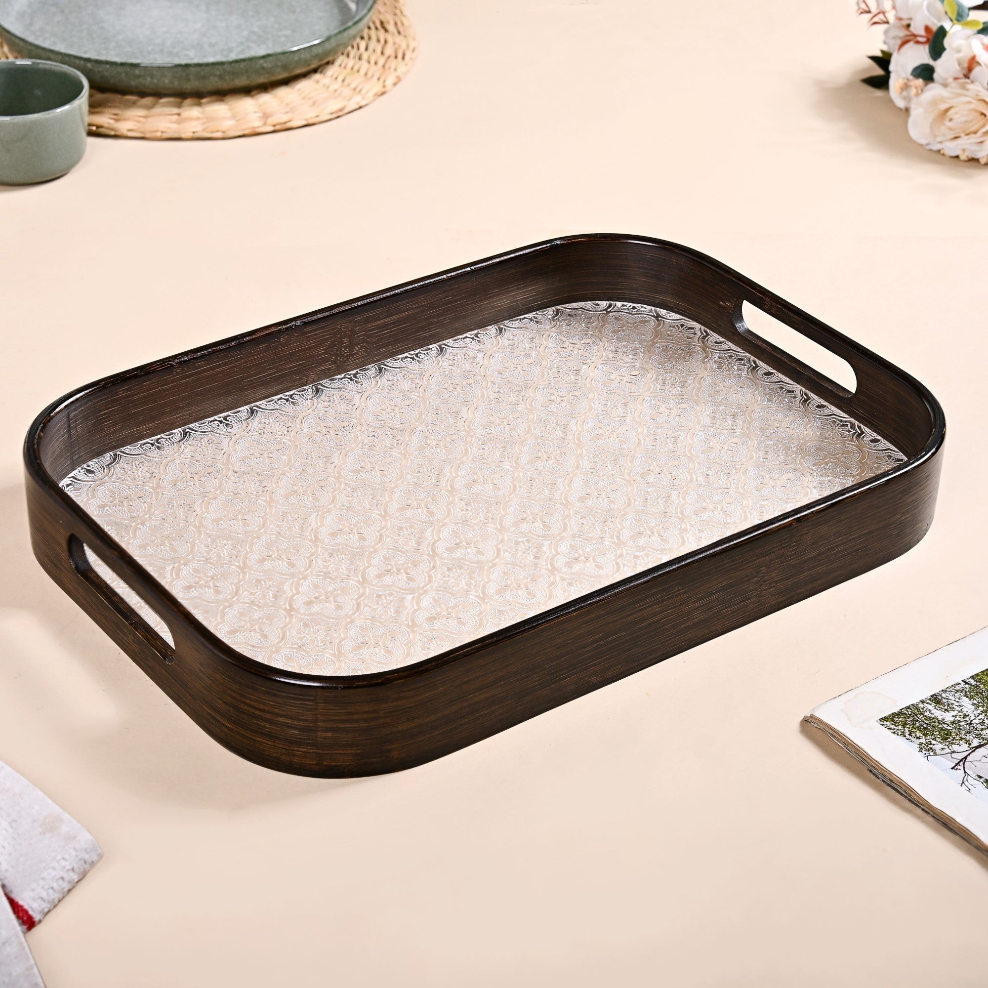 Nestasia Embossed Serving Tray With Bamboo Wood Frame - view 8