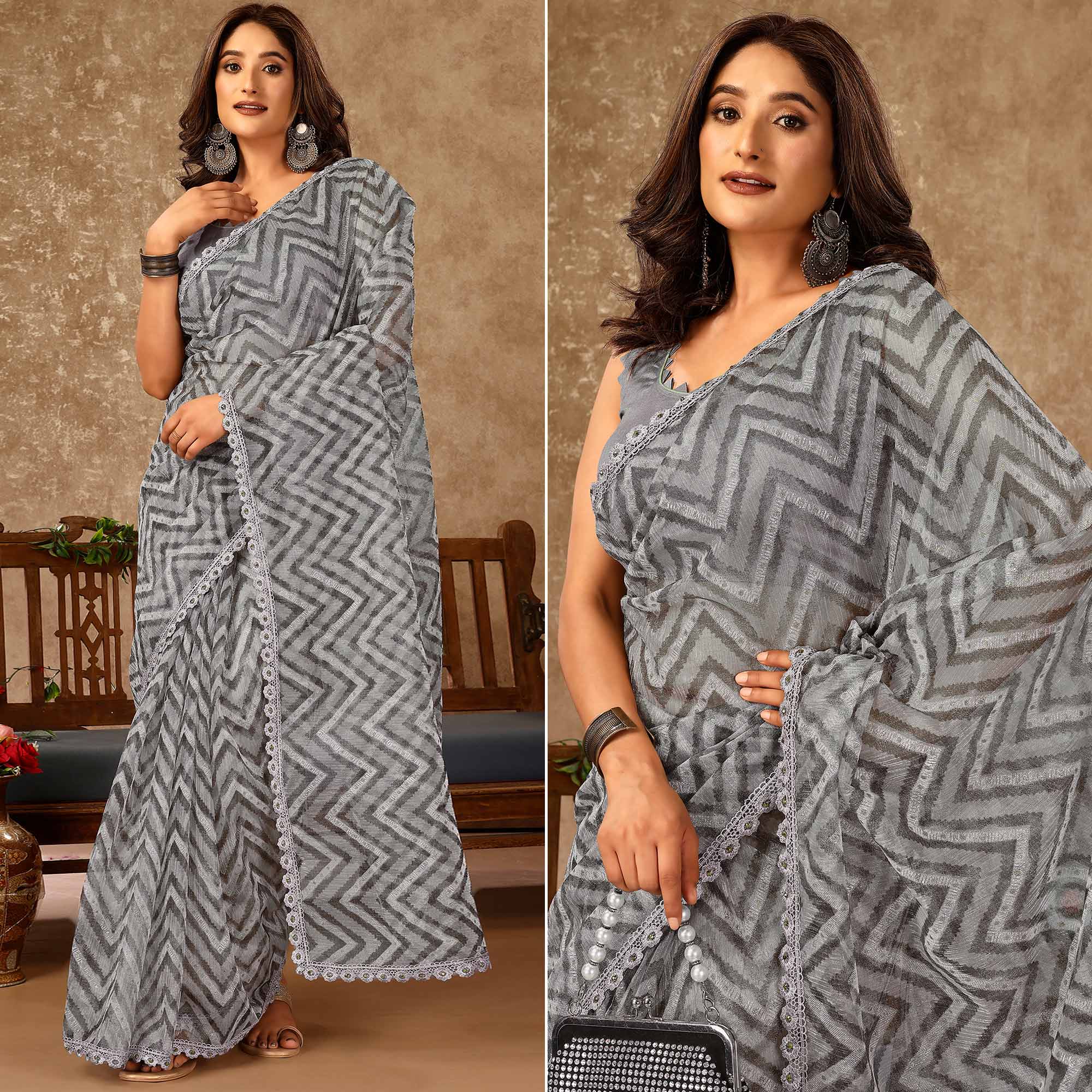 Peachmode Seller Grey Zig Zag Printed With Stone Work Organza Ready To Wear Saree