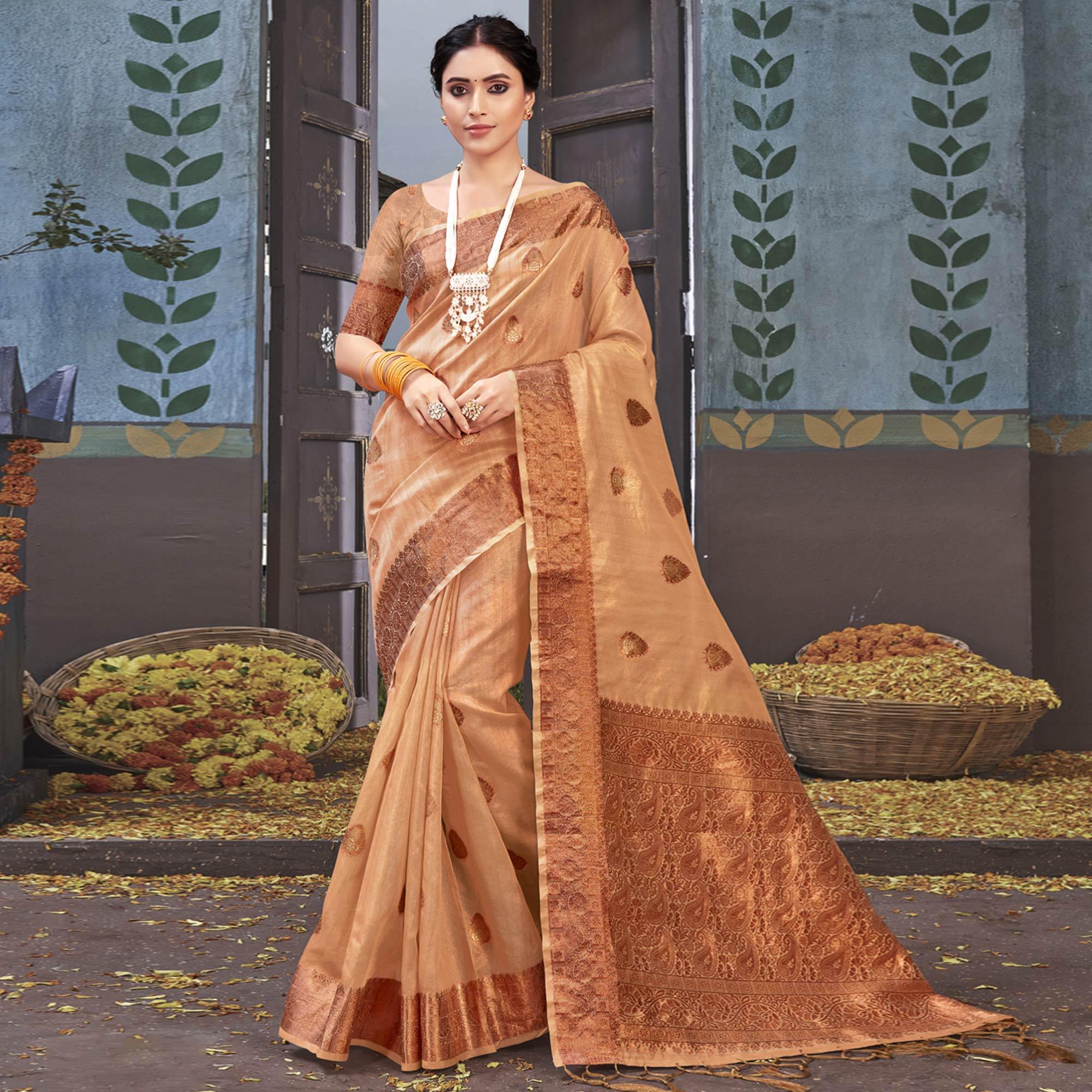 Peachmode Chikoo Woven Organza Saree With Tassels