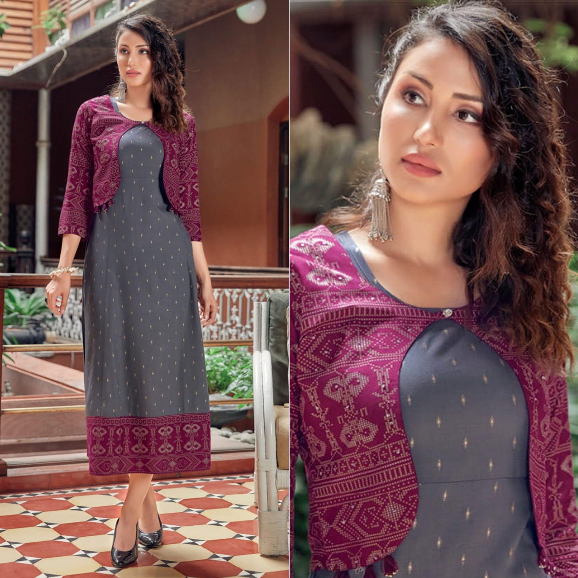 Peachmode Seller Grey Printed Rayon Anarkali Kurti