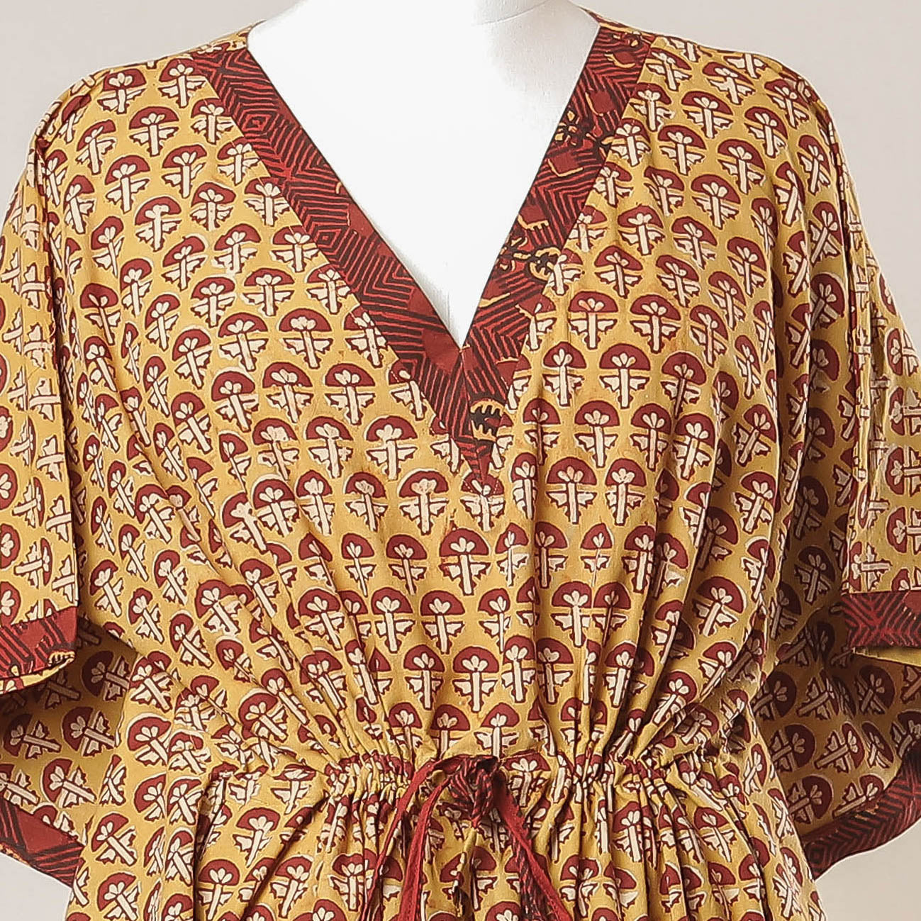 THE SAFFRON SAGA Beige - Pipad Hand Block Printed Cotton Kaftan with Tie-Up Waist (Long) - view 2