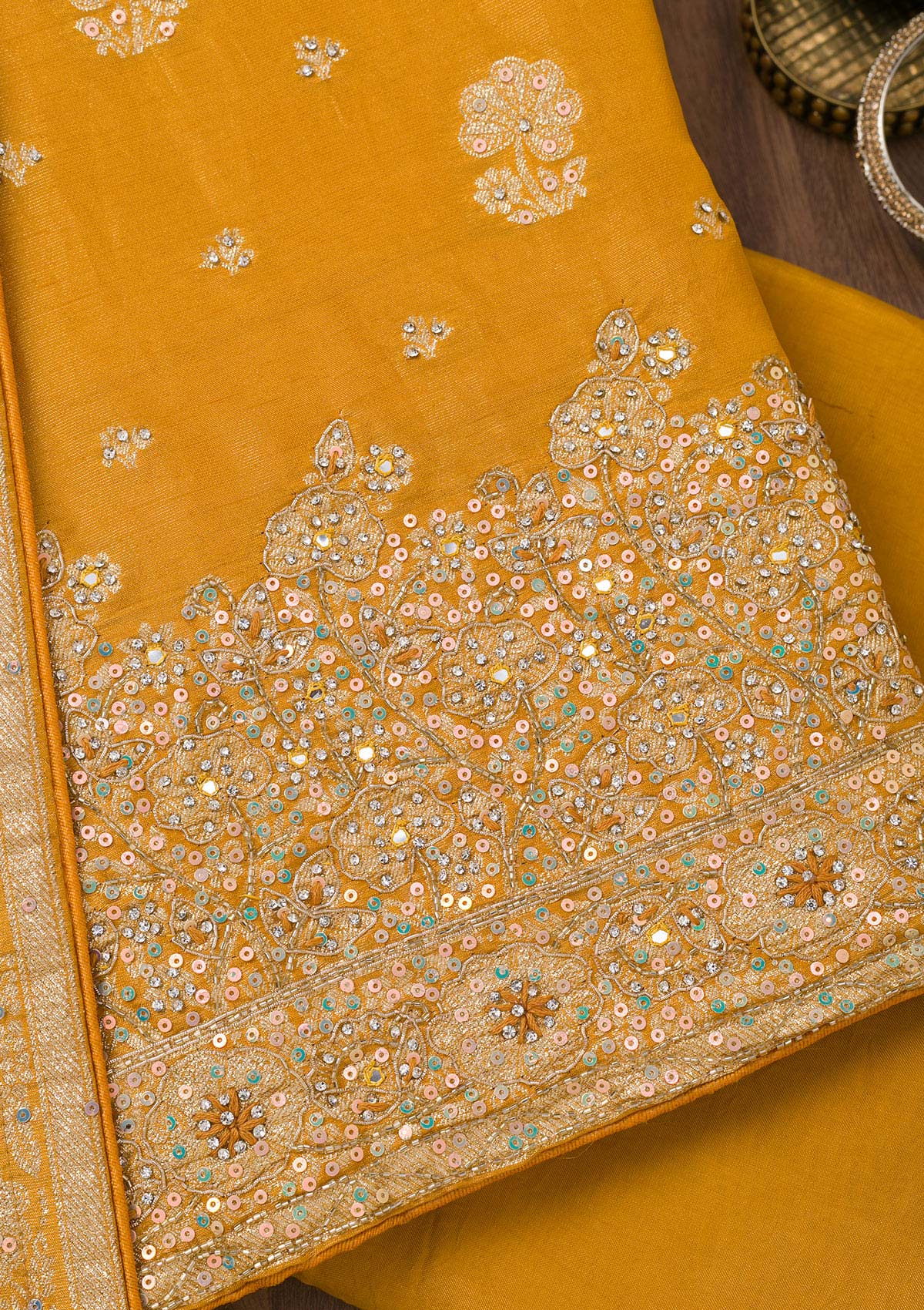 Koskii Mustard Zariwork Semi Crepe Unstitched Salwar Suit - view 2