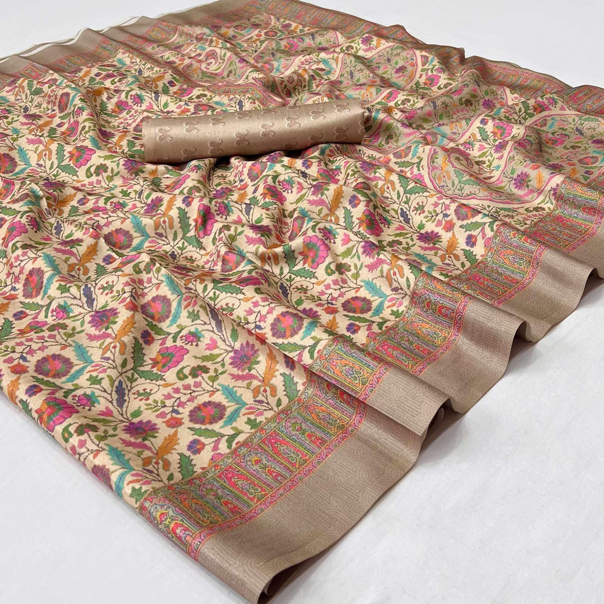 Peachmode Cream Digital Printed Pashmina Saree