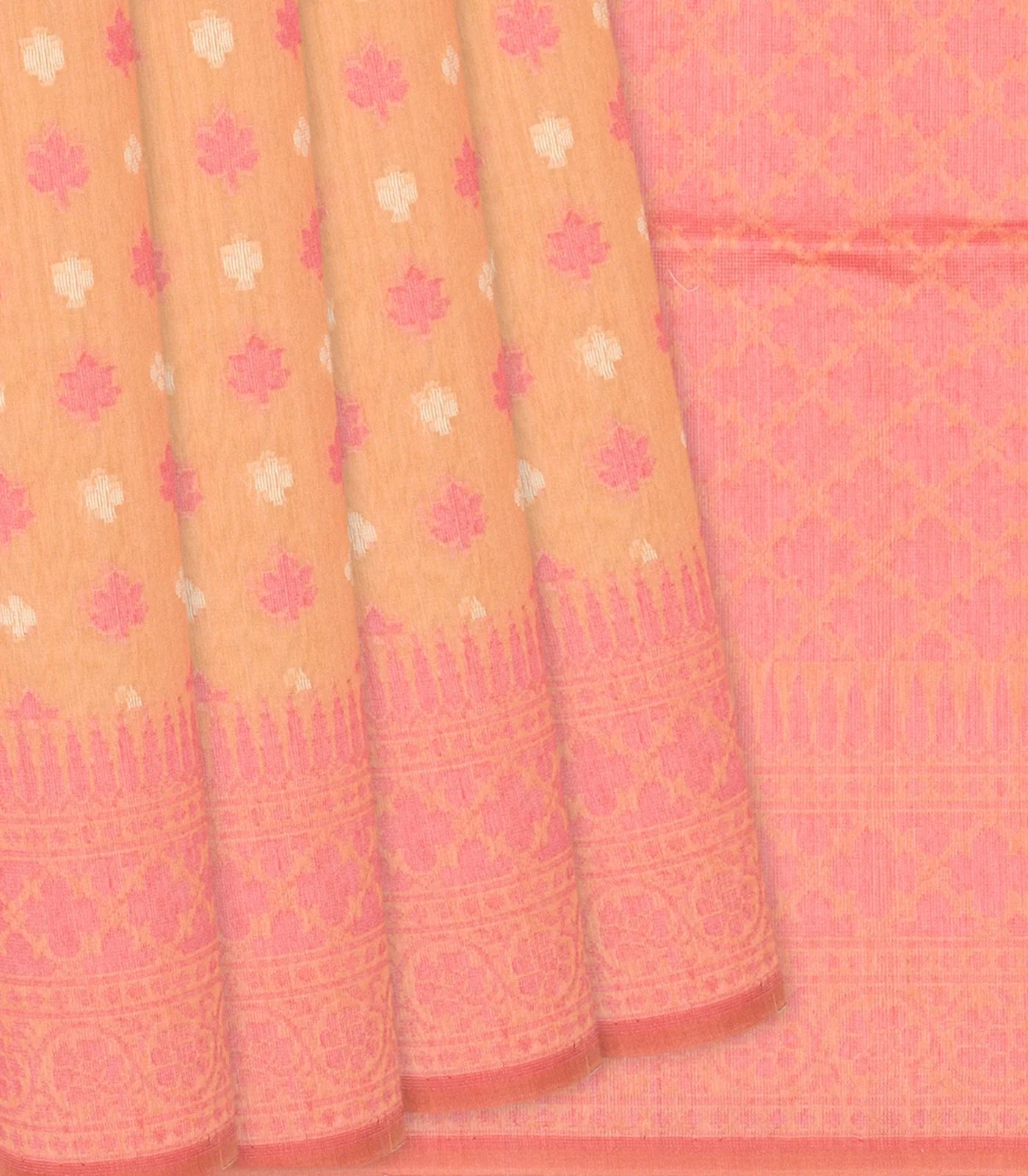 RmKV Peach Handloom Banarasi Cotton Saree With Floral Motifs-Peach