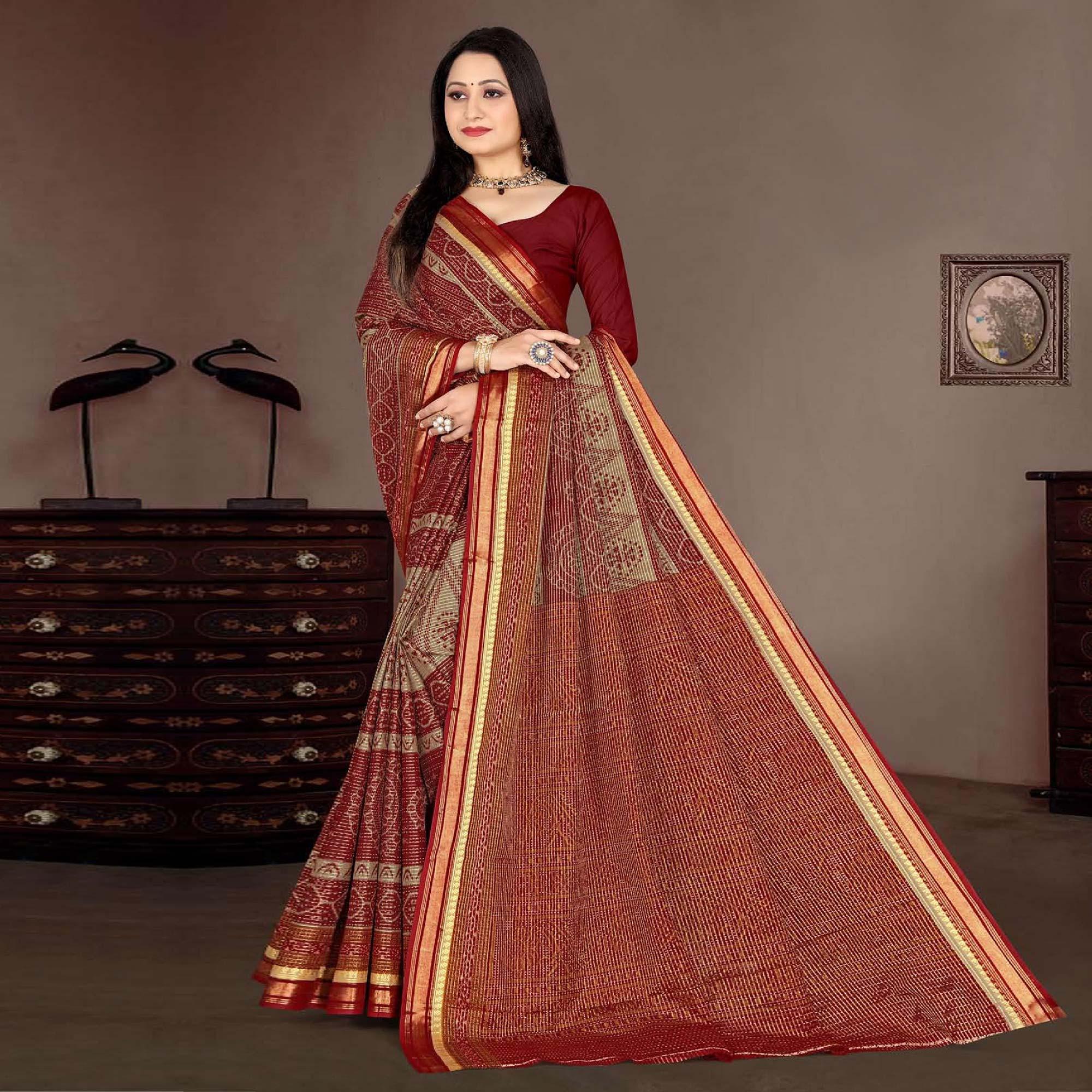 Peachmode Maroon Casual Wear Ikkat Printed Cotton Silk Saree